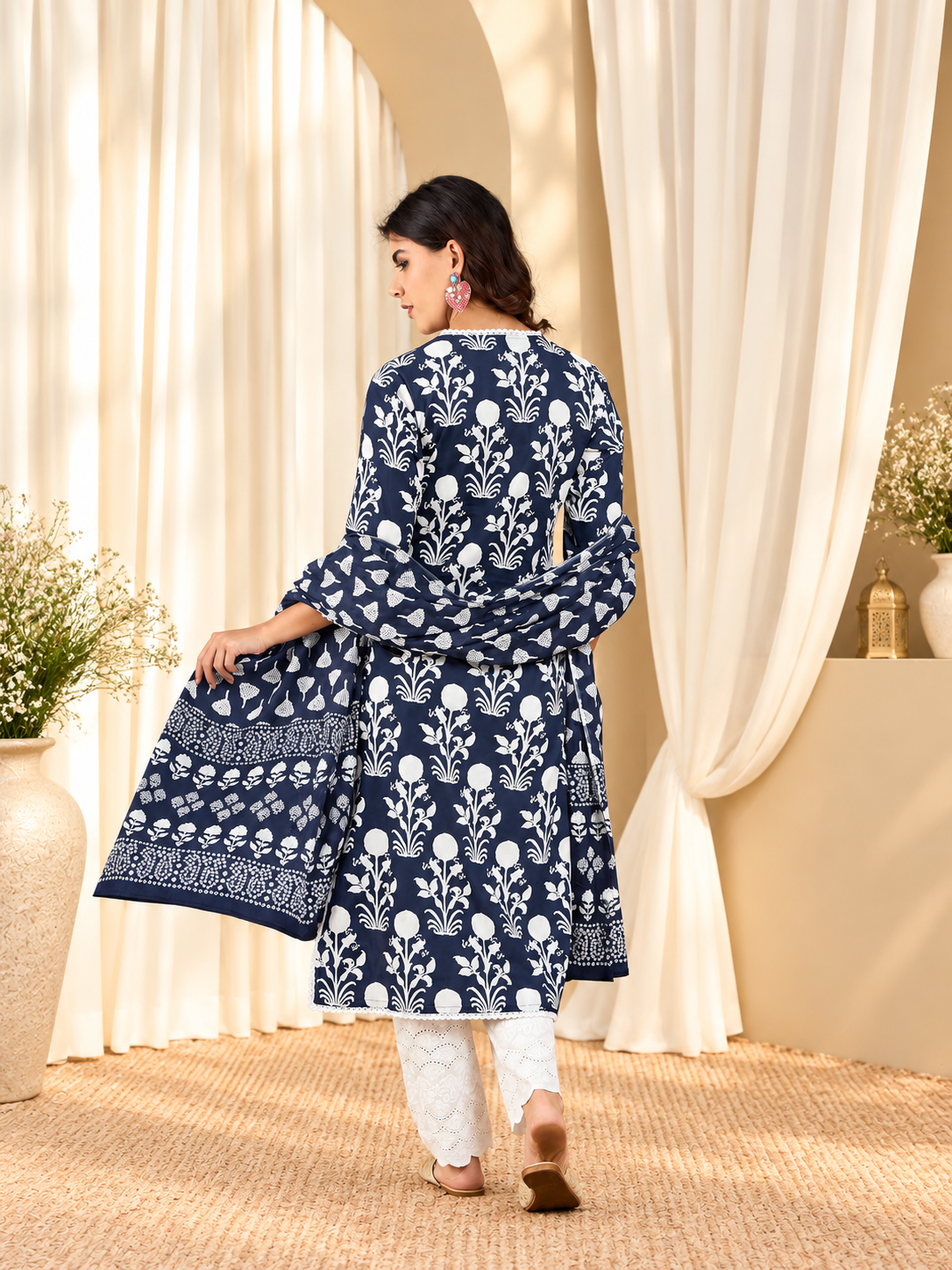 Women's Navy Blue Floral Printed Regular Thread Work Pure Cotton Kurta With Trousers & Dupatta Set