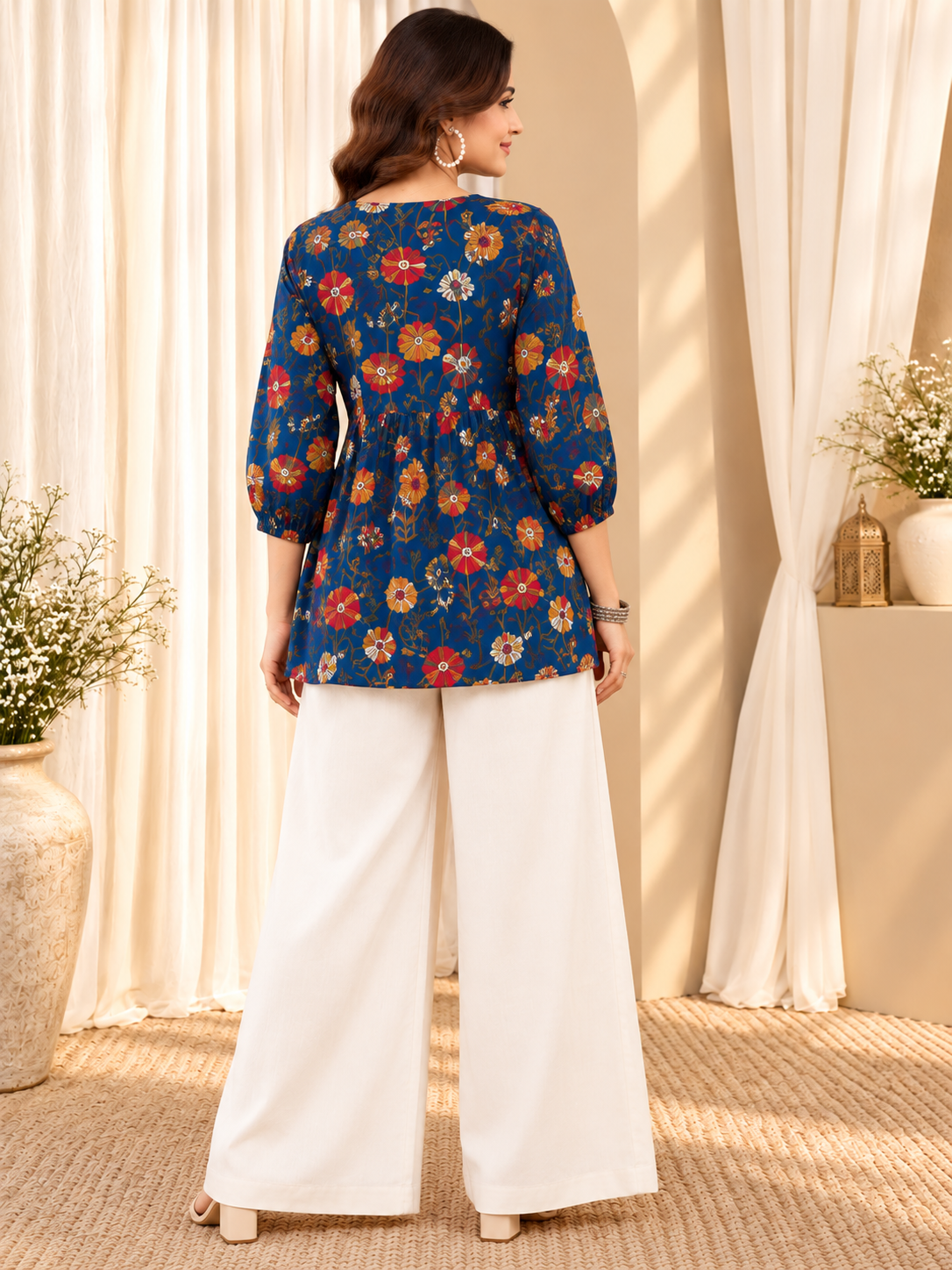 Women's Blue Floral Printed Flared Top