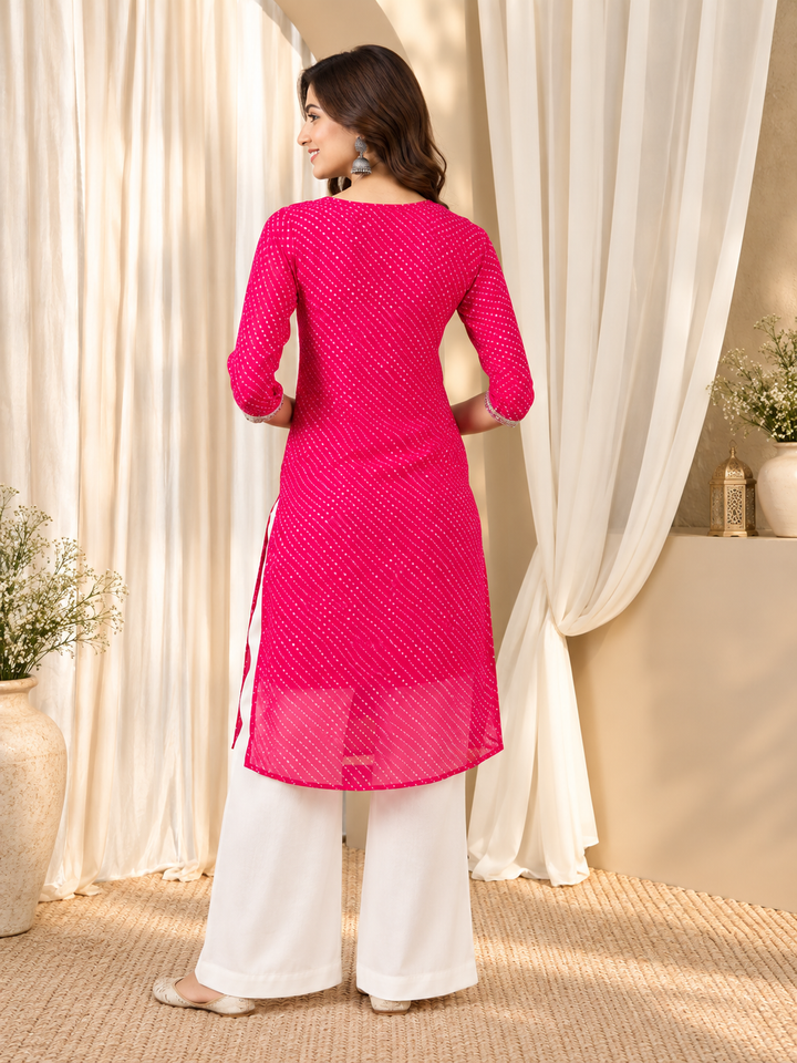 Women Pink &amp; White Embroidered Straight Kurta