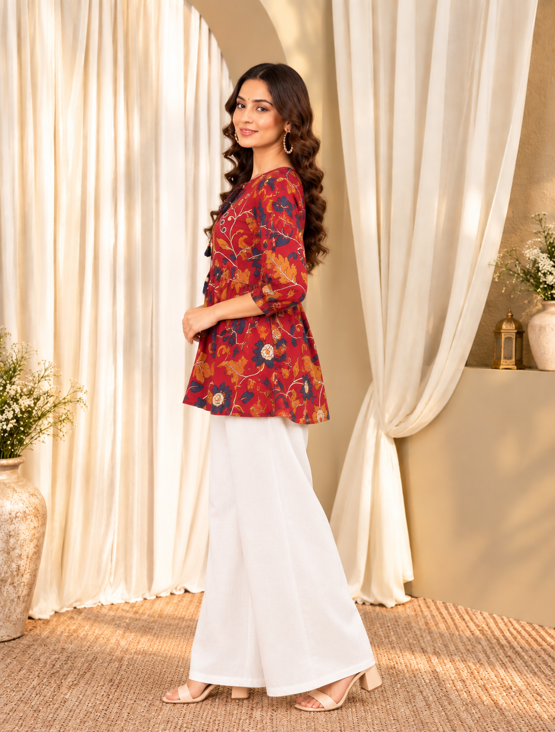 Women's Maroon Floral Printed Flared Top