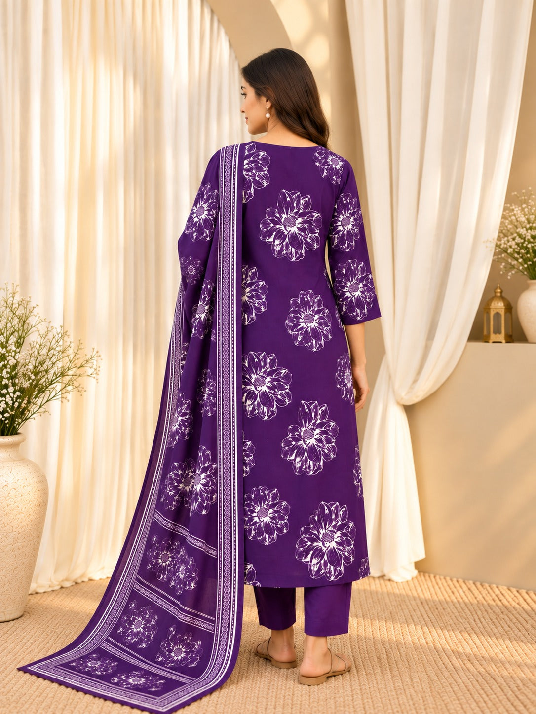 Women's Purple Mirror Work Straight Kurta & Trouser With Dupatta Set