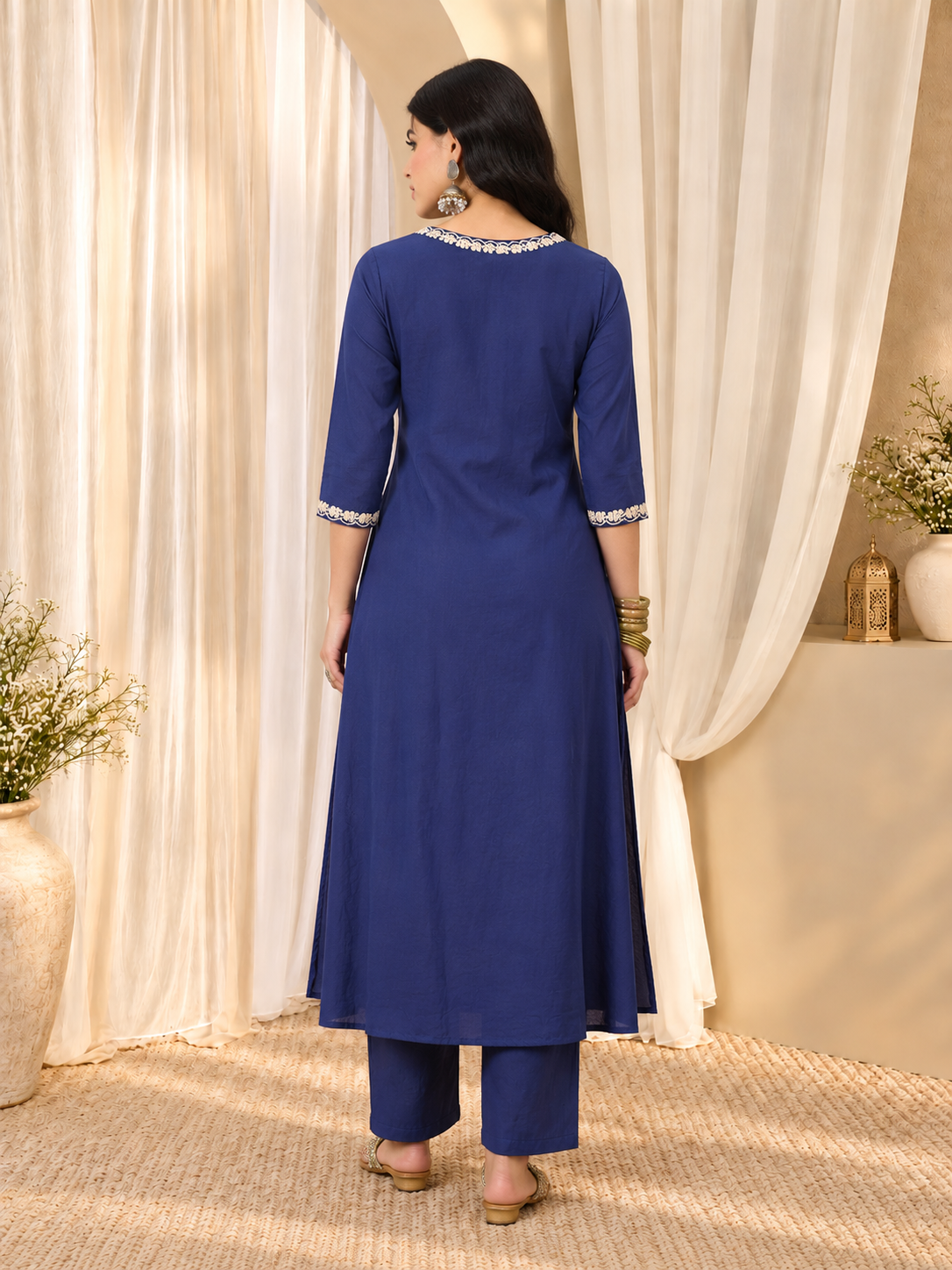 Women's Blue Plain Kurta With Trousers & Dupatta Set