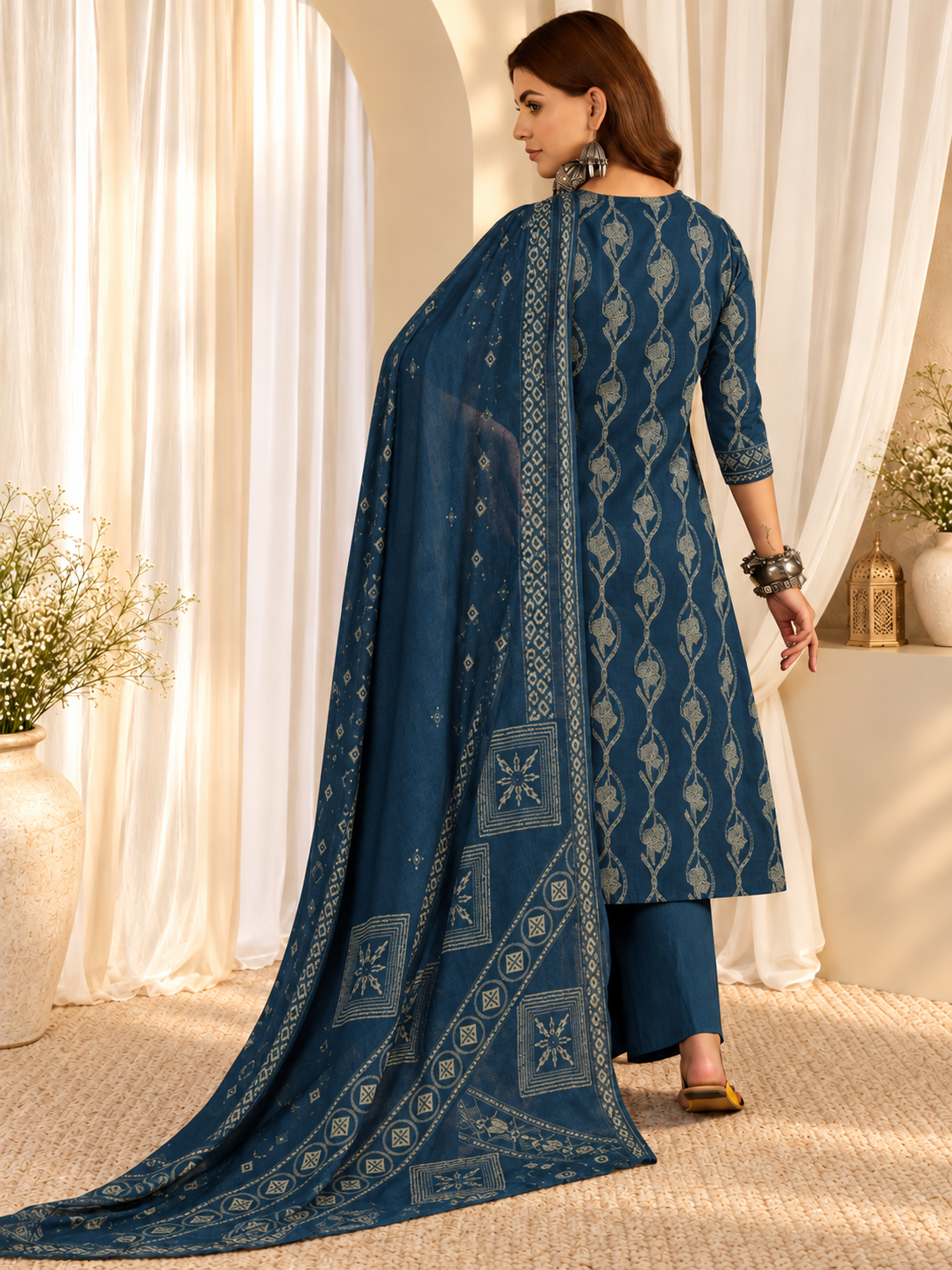 Women's Pure Cotton Printed Teal Blue Kurta & Pant With Dupatta Set