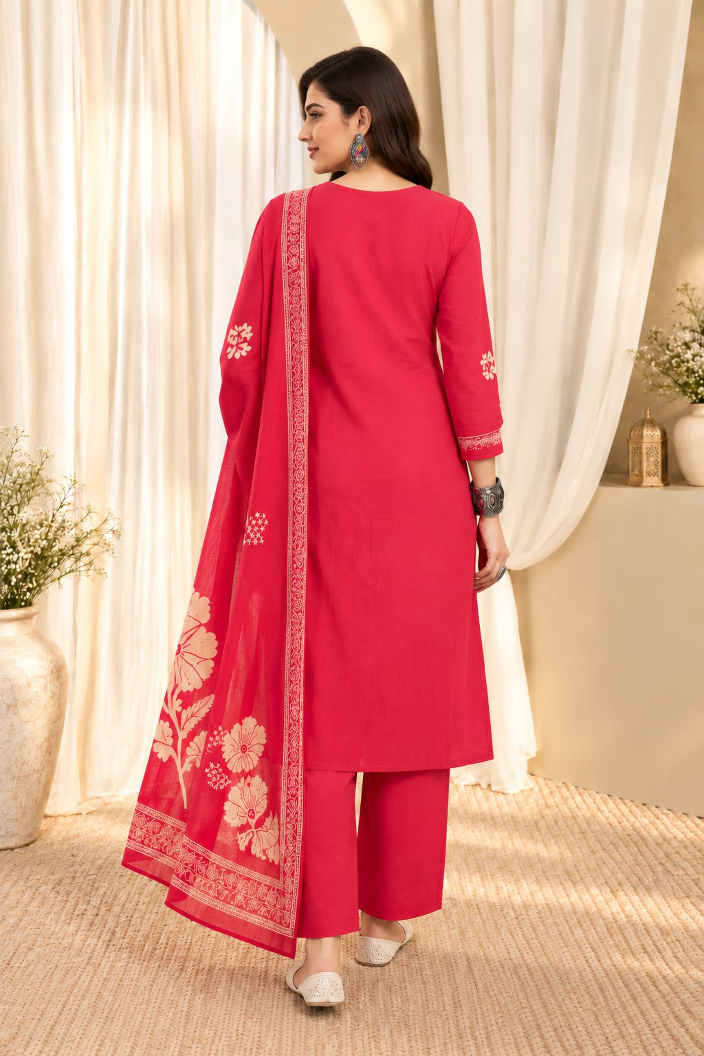 Women's Pink Cotton Floral Print Kurta & Trousers With Dupatta Set