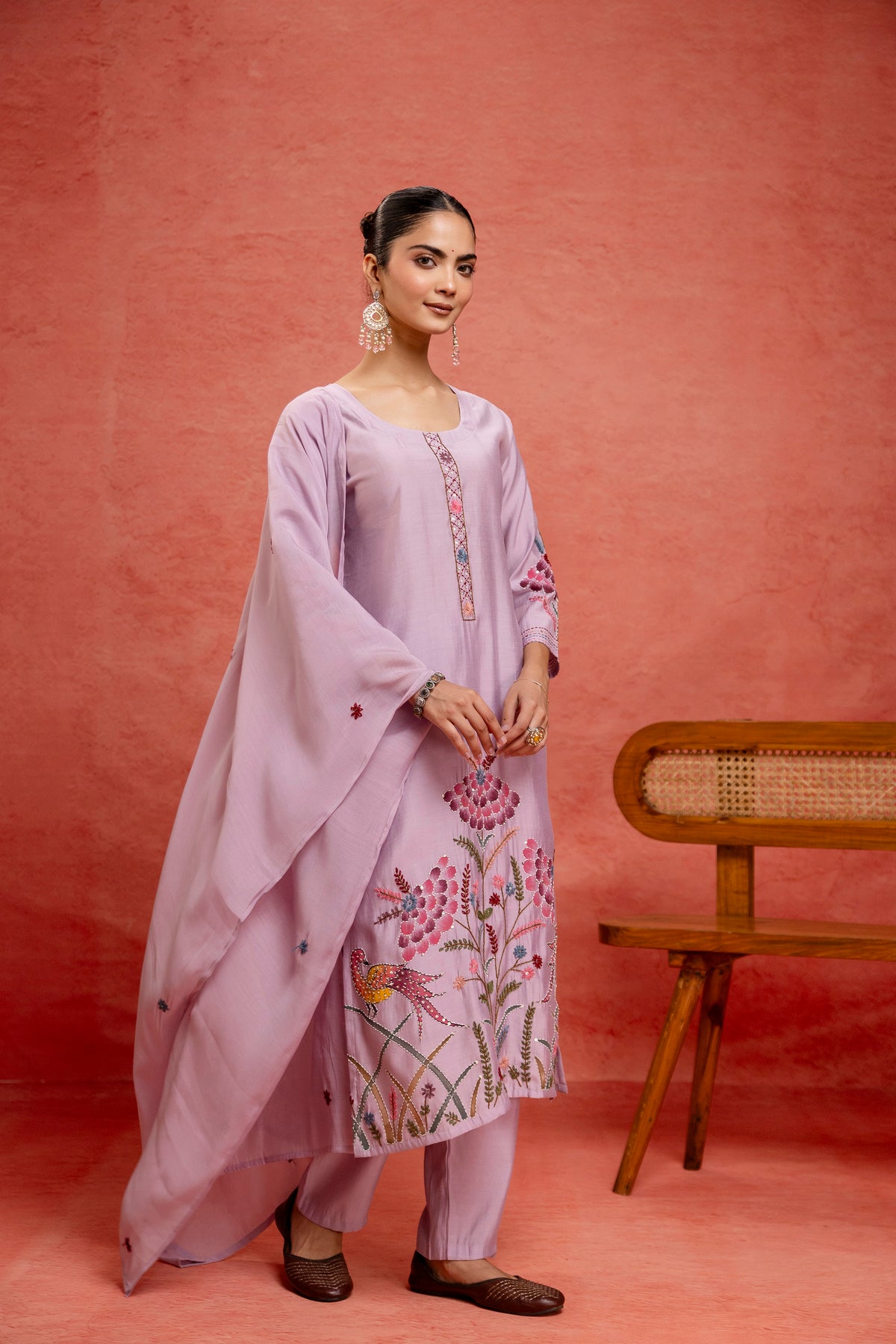 Women's Lavender Floral Printed Straight Kurta With Trouser & Dupatta Set