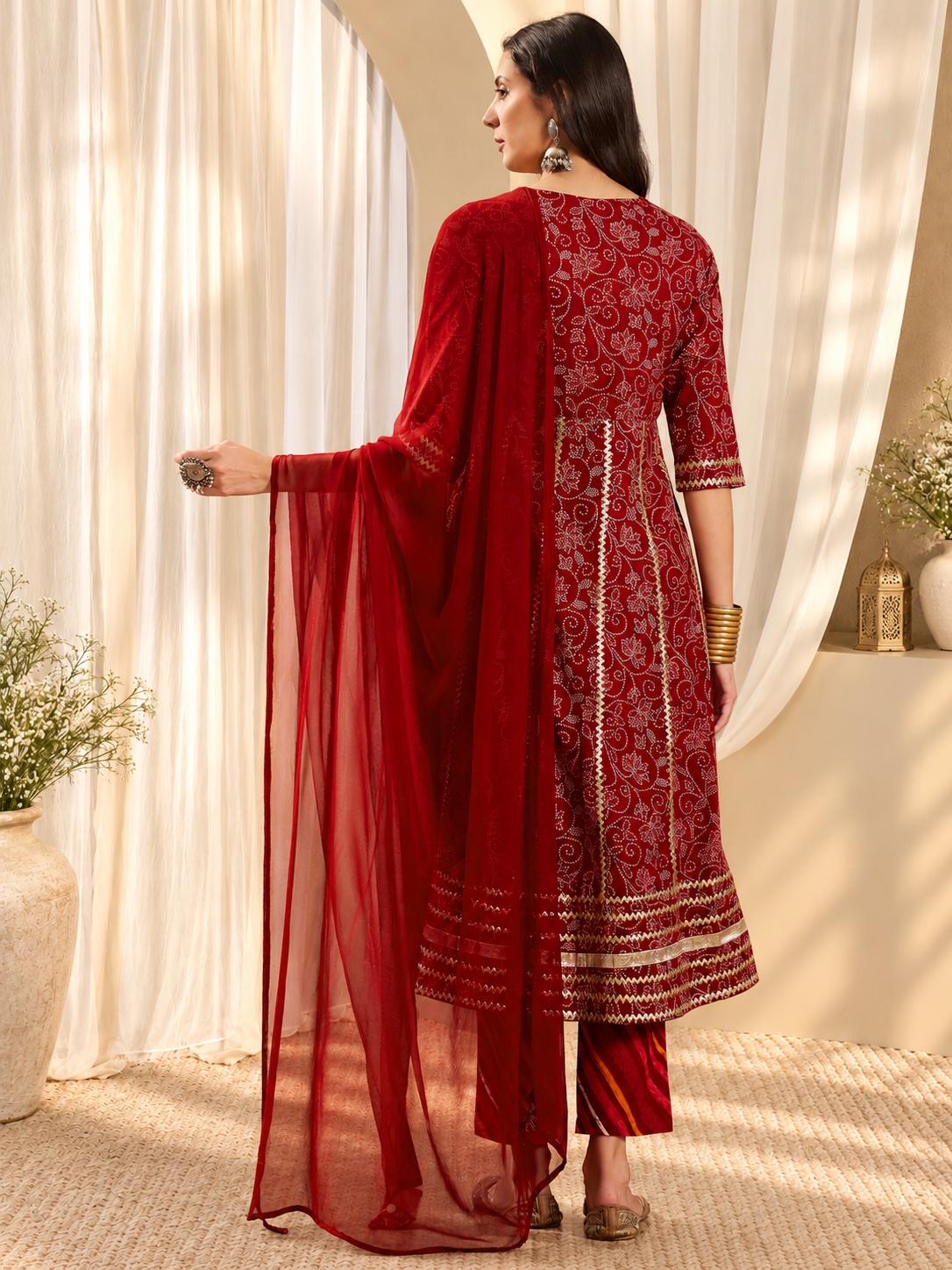Women's Maroon Pure Cotton Round Neck Kurta & Pant With Dupatta Set