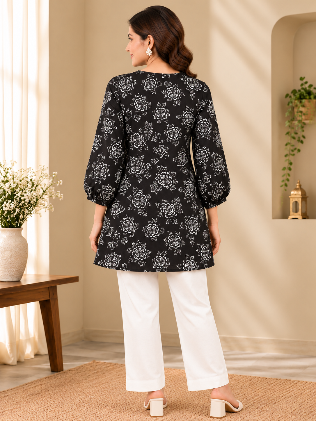 Women's Black Floral Printed A-Line Top