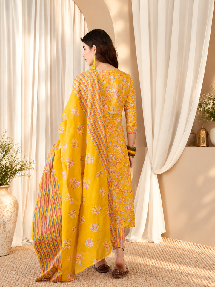 Floral Printed Sequinned V-Neck Straight Kurta &amp; Trouser With Dupatta