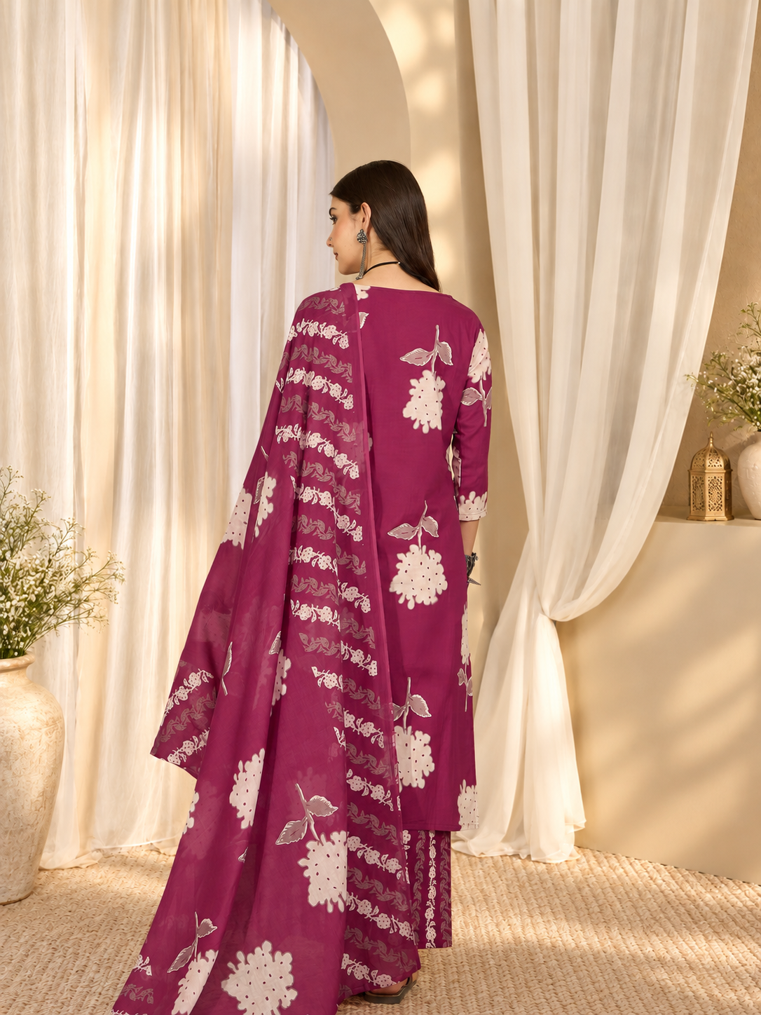 Women's Wine Cotton Floral Print Kurta & Trousers With Dupatta Set