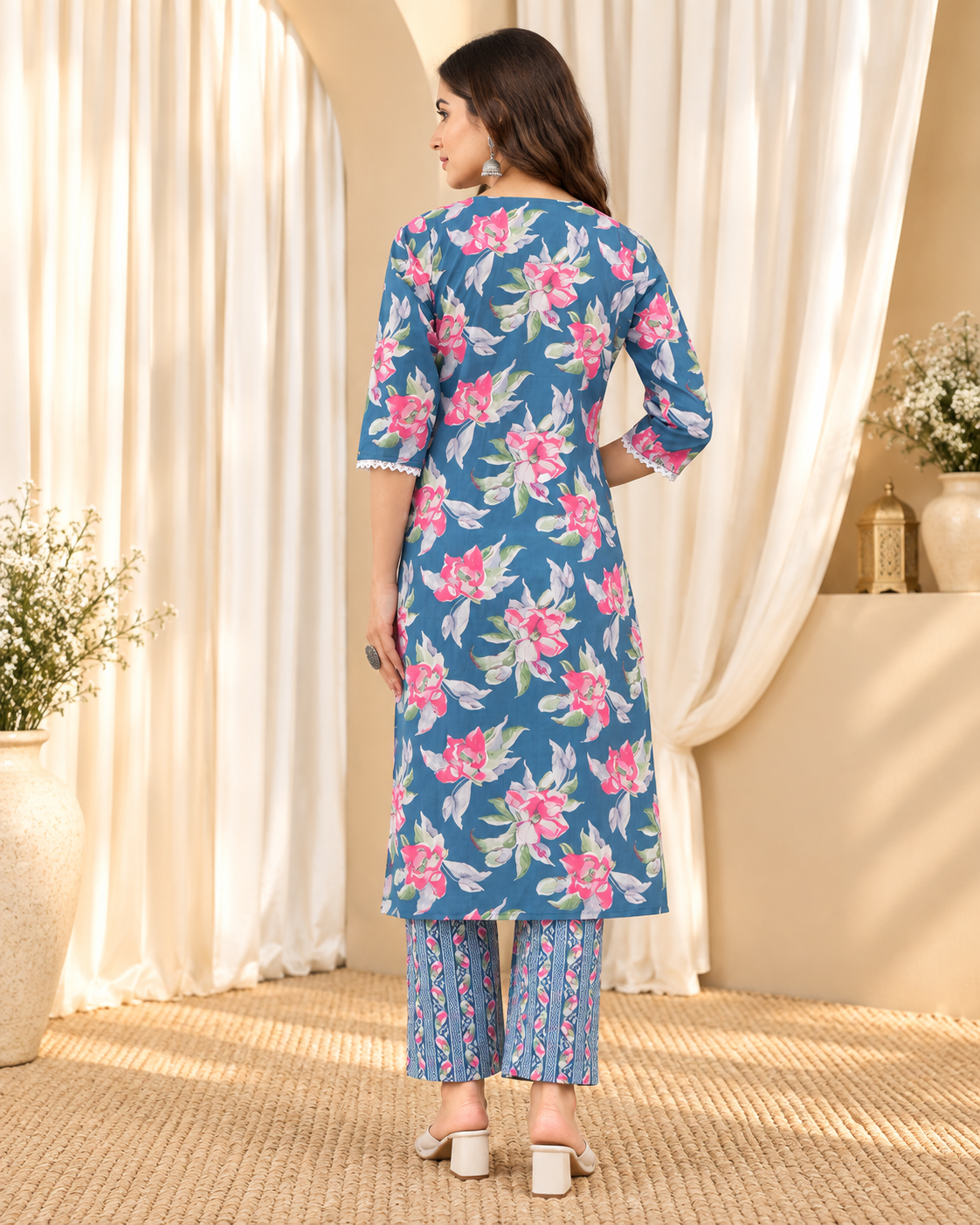 Women's Teal Blue & Pink Pure Cotton Floral Print Kurta & Trousers With Dupatta Set