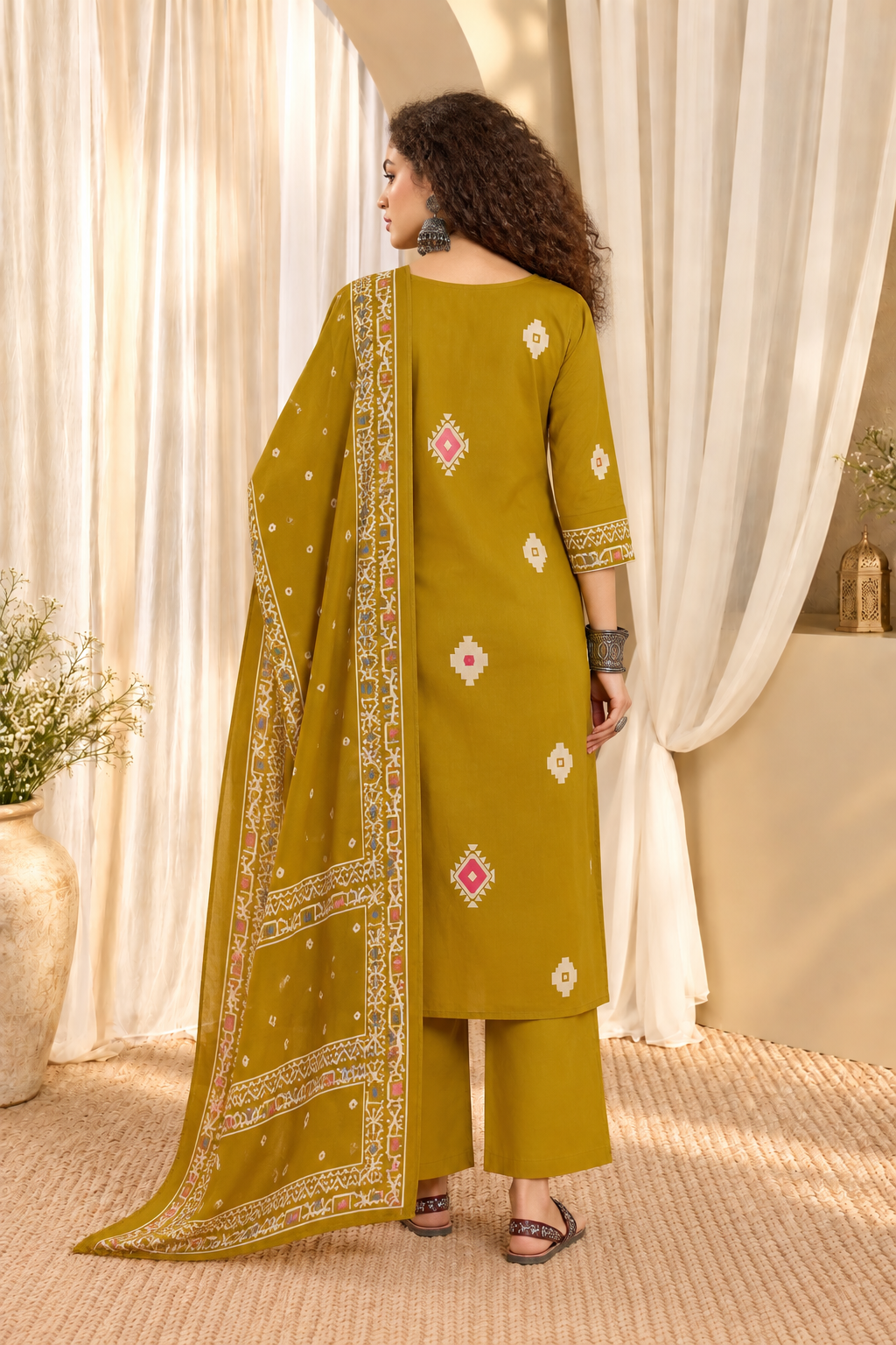 Women's Mustard Printed Kurta With Trousers & Dupatta Set