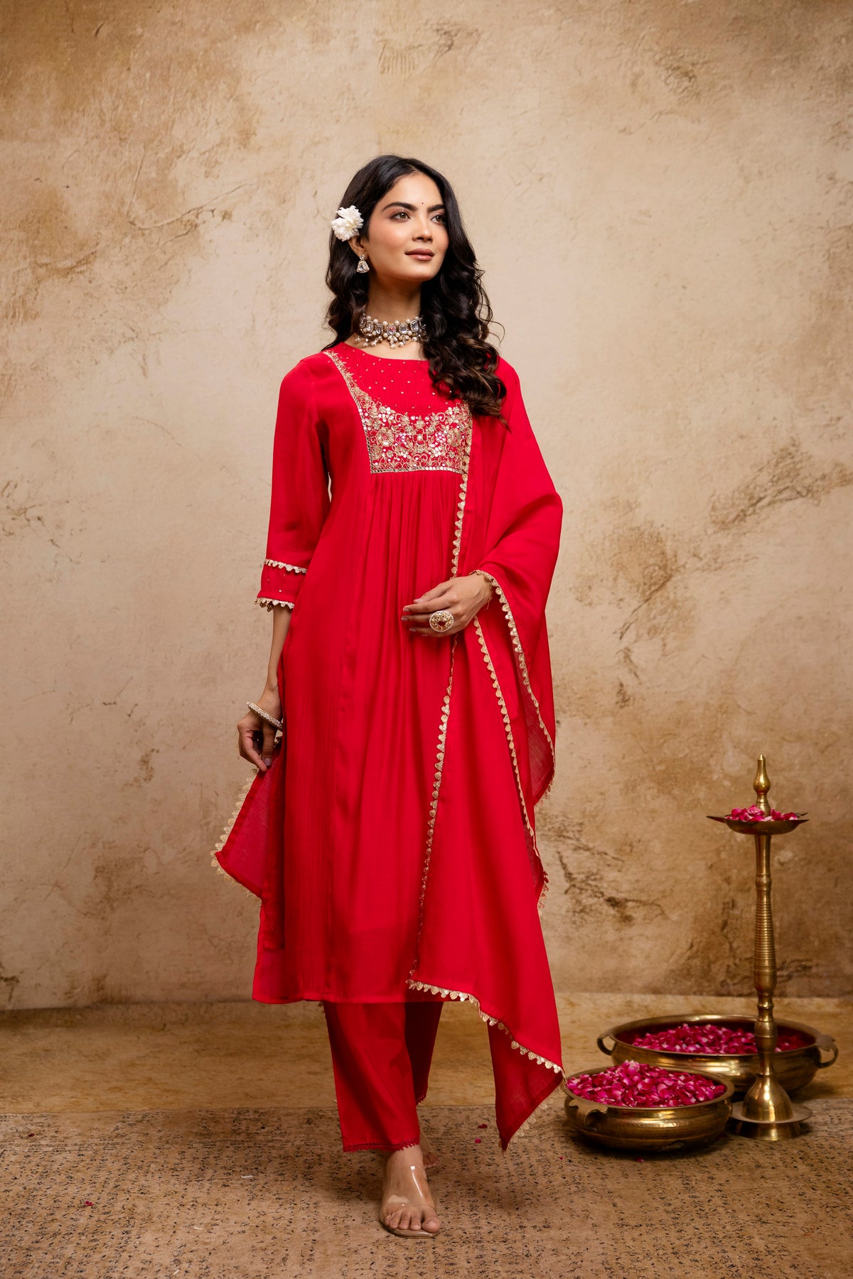 Women's Rani Pink Embroidered Silk Blend Kurta & Palazzo With Dupatta Set