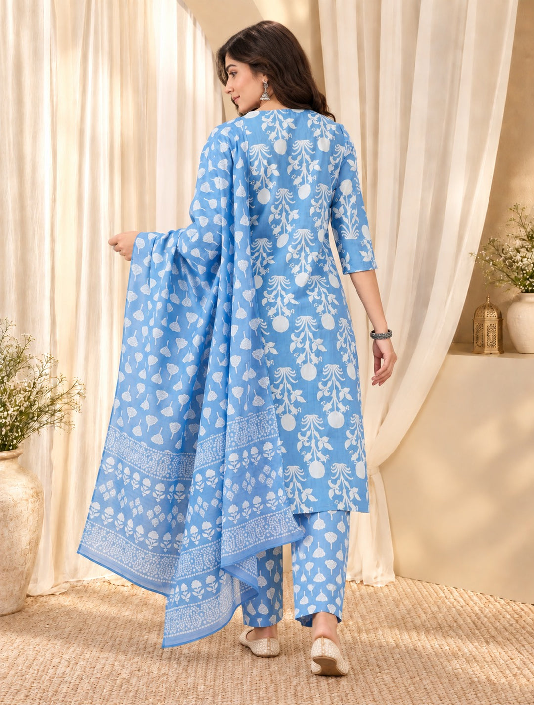 Printed &amp; Embroidered Pure Cotton Straight Kurta With Trouser &amp; Dupatta Set