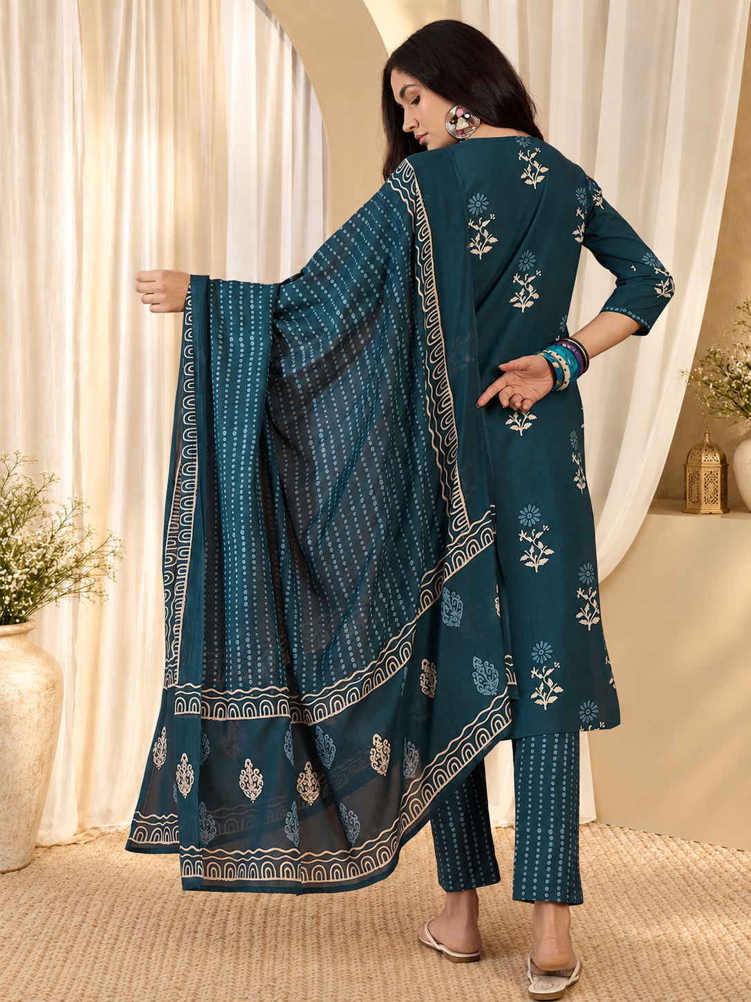 Women's Teal Blue Cotton Floral Print Kurta & Trousers With Dupatta Set