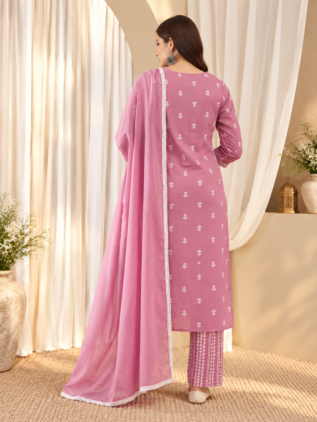Women's Floral Print Mirror & Button Work Pure Cotton Kurta & Trousers With Dupatta Set