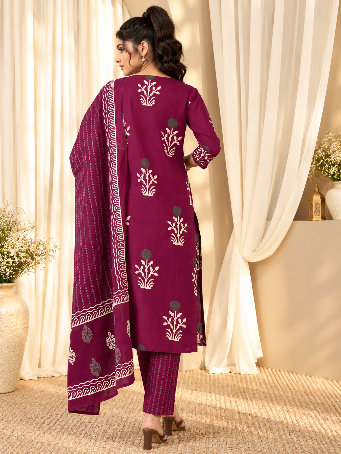 Women's Purple Floral Print Straight Kurta with Trousers & Dupatta Set