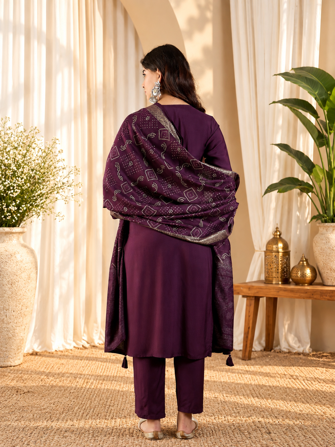 Women's Purple Crepe Self-Design Kurta & Trousers With Dupatta Set