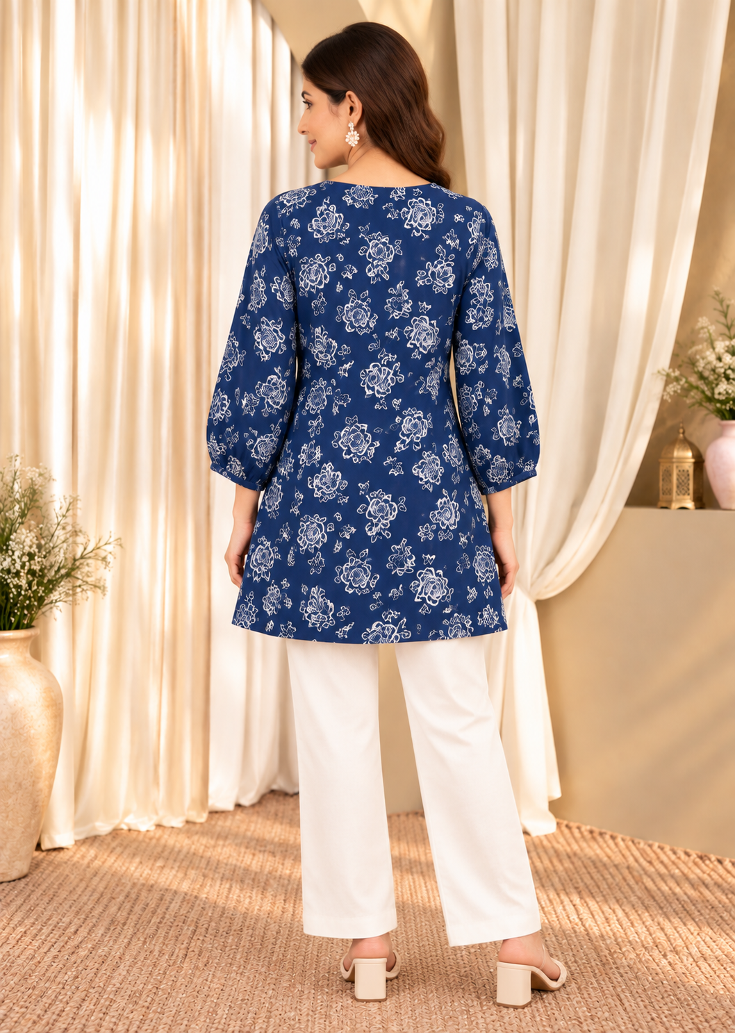 Women's Navy Blue Floral Printed A-Line Top