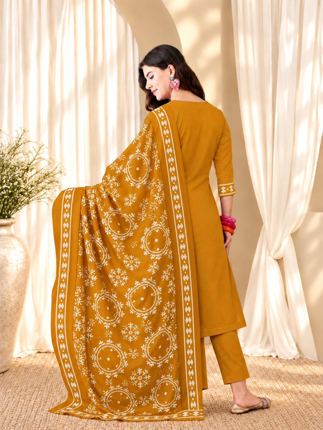 Women's Pure Cotton Floral Print Mustard Kurta & Pant With Dupatta Set