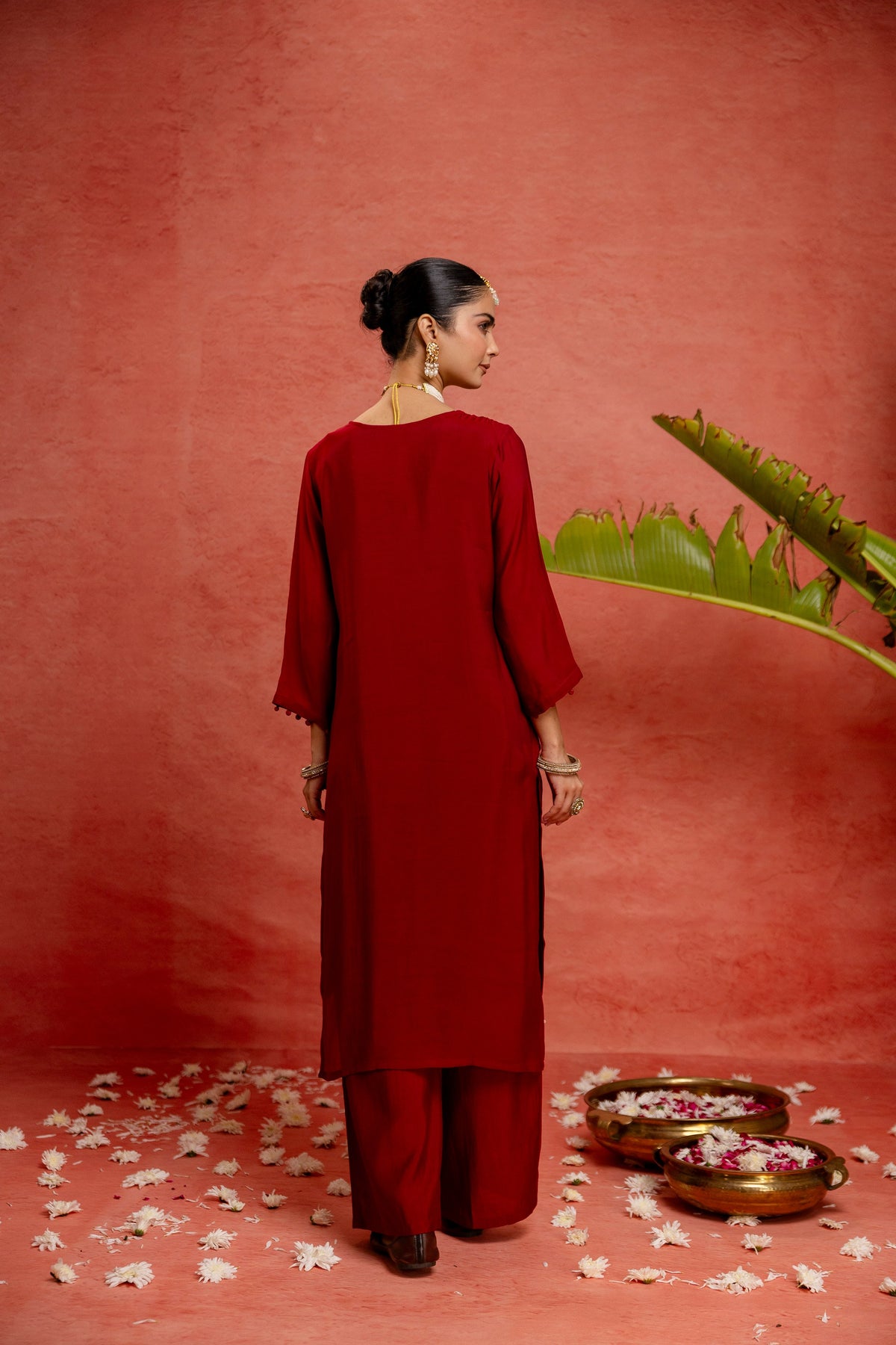 Women's Rani Pink Embroidered Straight Kurta & Trousers With Dupatta Set