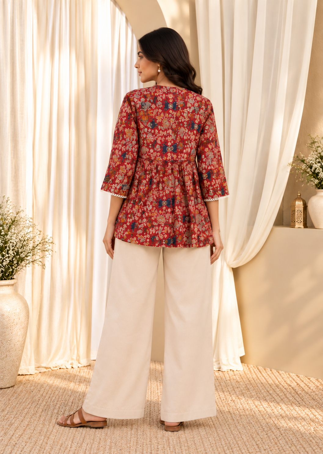 Red Floral Print Mandarin Collar Cotton Top