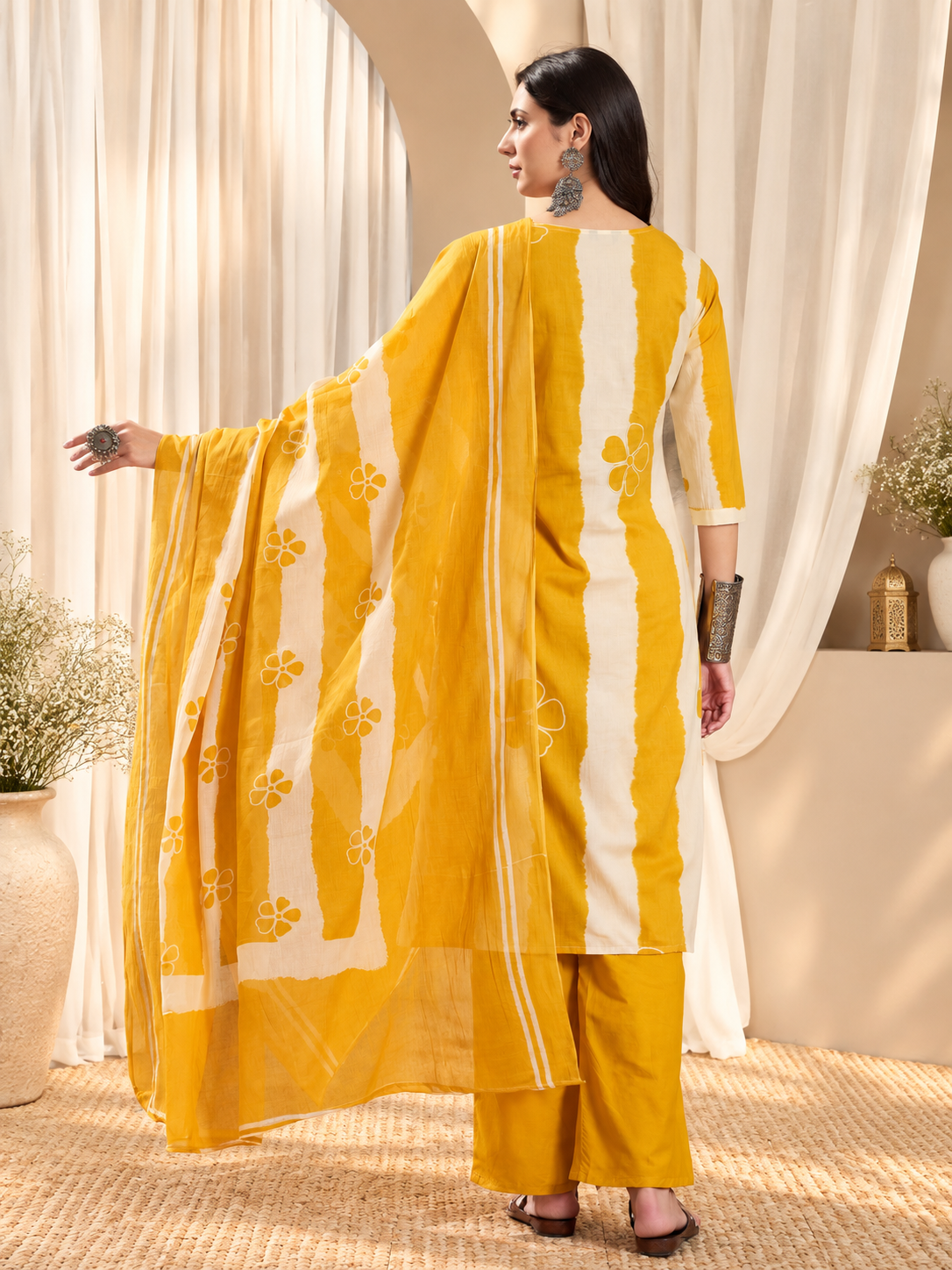 Women's Yellow & White Striped Pure Cotton Straight Kurta & Trousers With Printed Dupatta Set
