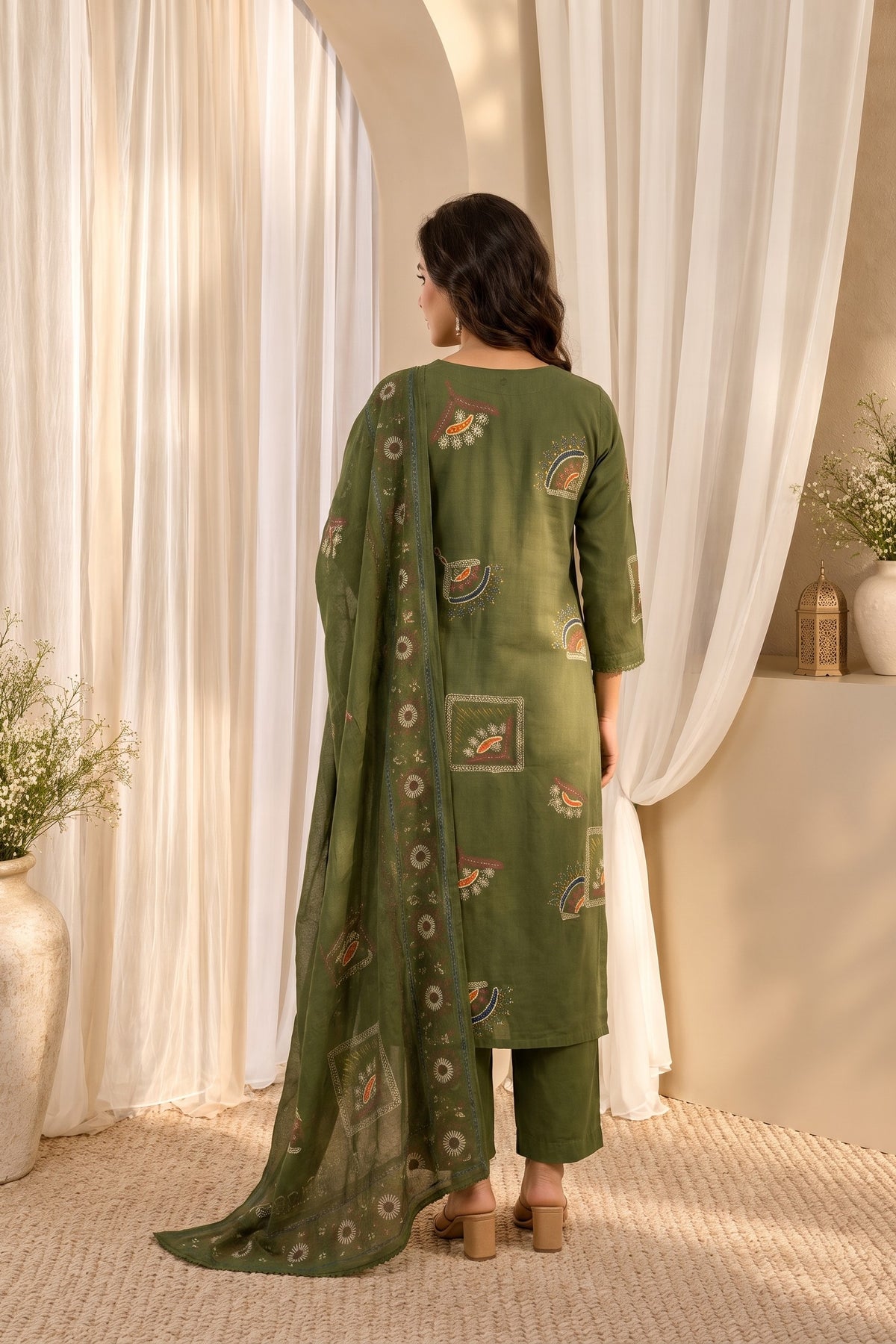 Women's Olive Green Mirror Work Straight Round Neck Kurta With Trousers & Dupatta Set