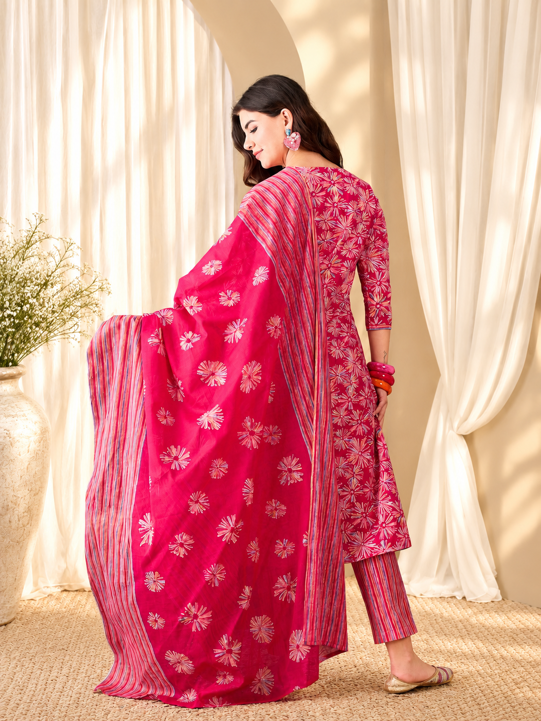 Floral Printed Sequinned Straight Kurta &amp; Trouser With Dupatta