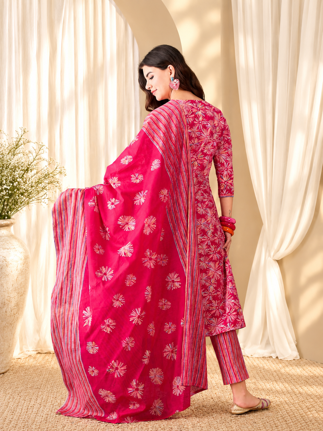 Floral Printed Sequinned Straight Kurta & Trouser With Dupatta