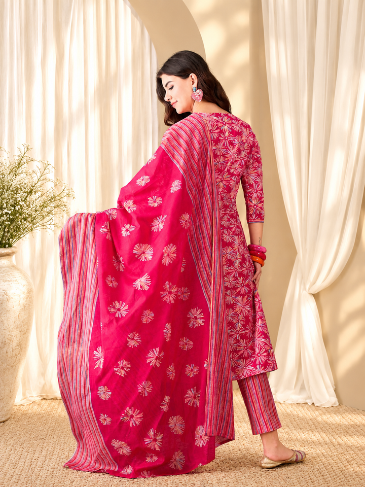 Floral Printed Sequinned Straight Kurta &amp; Trouser With Dupatta