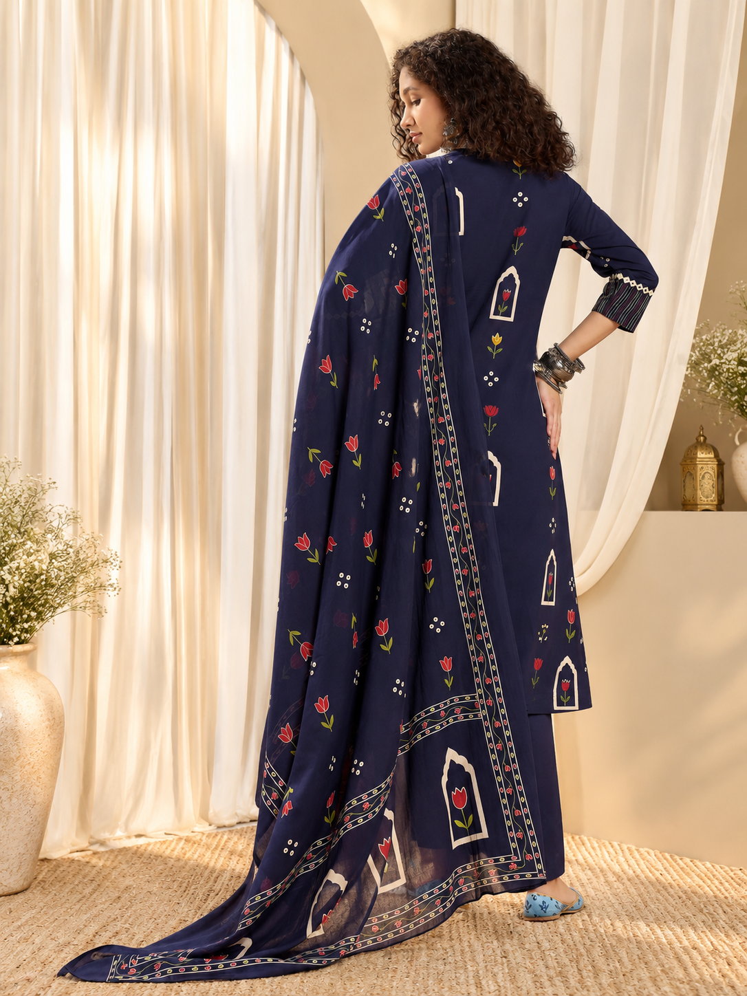 Women's Blue Printed Round Neck A-Line Pure Cotton Kurta With Trousers & Dupatta Set