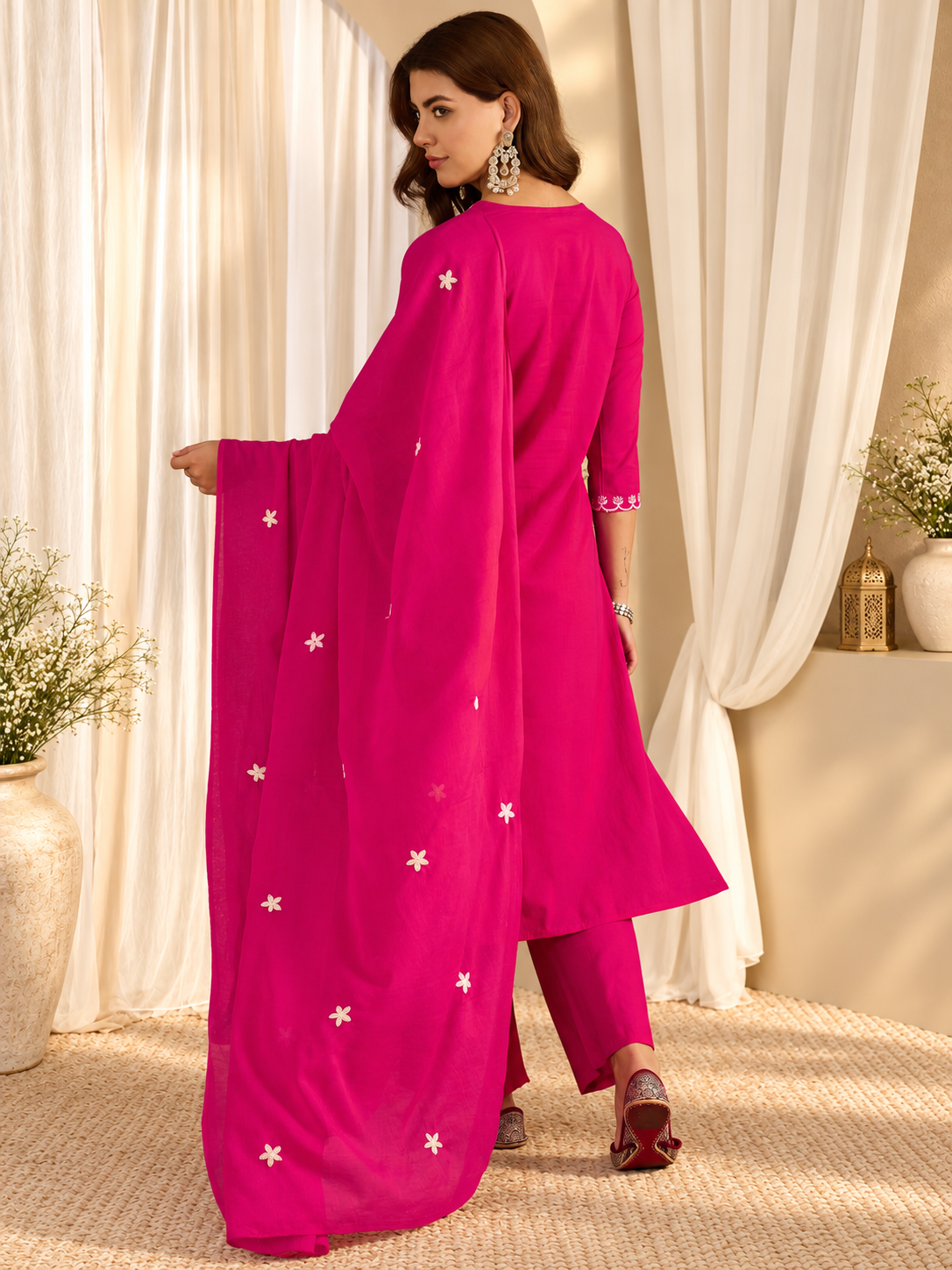 Women's Pink Thread Work Kurta with Trousers & Dupatta Set