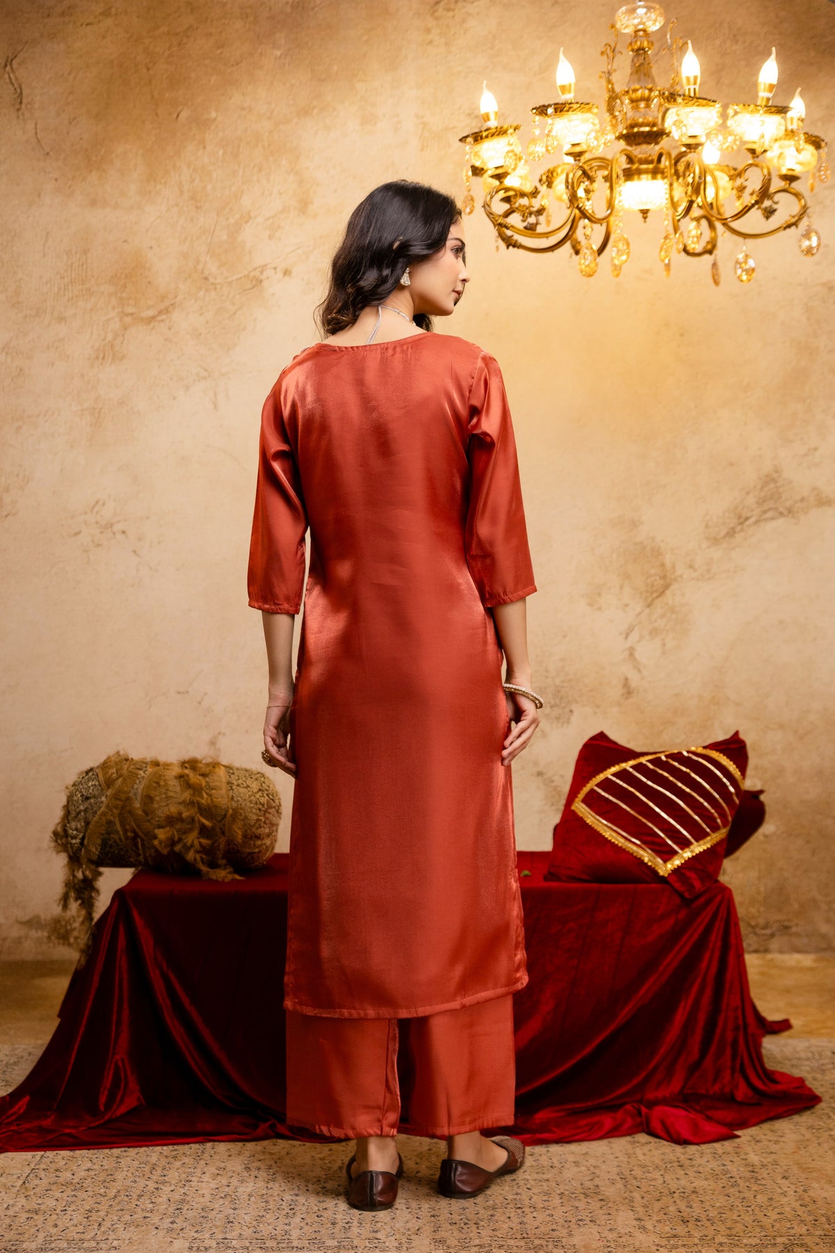 Women's Orange Embroidered Straight V-Neck Kurta & Trousers With Dupatta Set