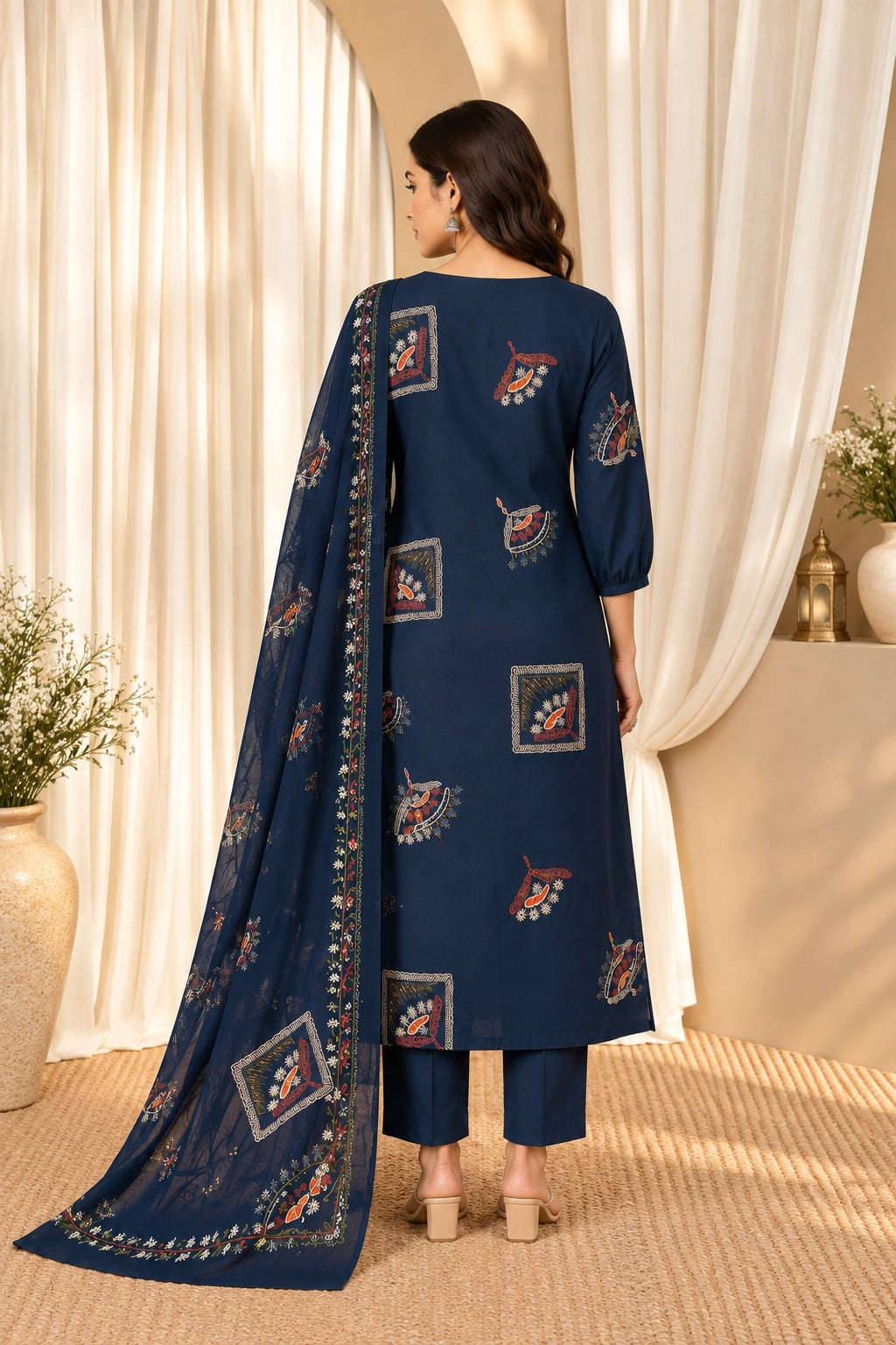 Women's Navy Blue Mirror Work Straight Round Neck Kurta With Trousers & Dupatta Set