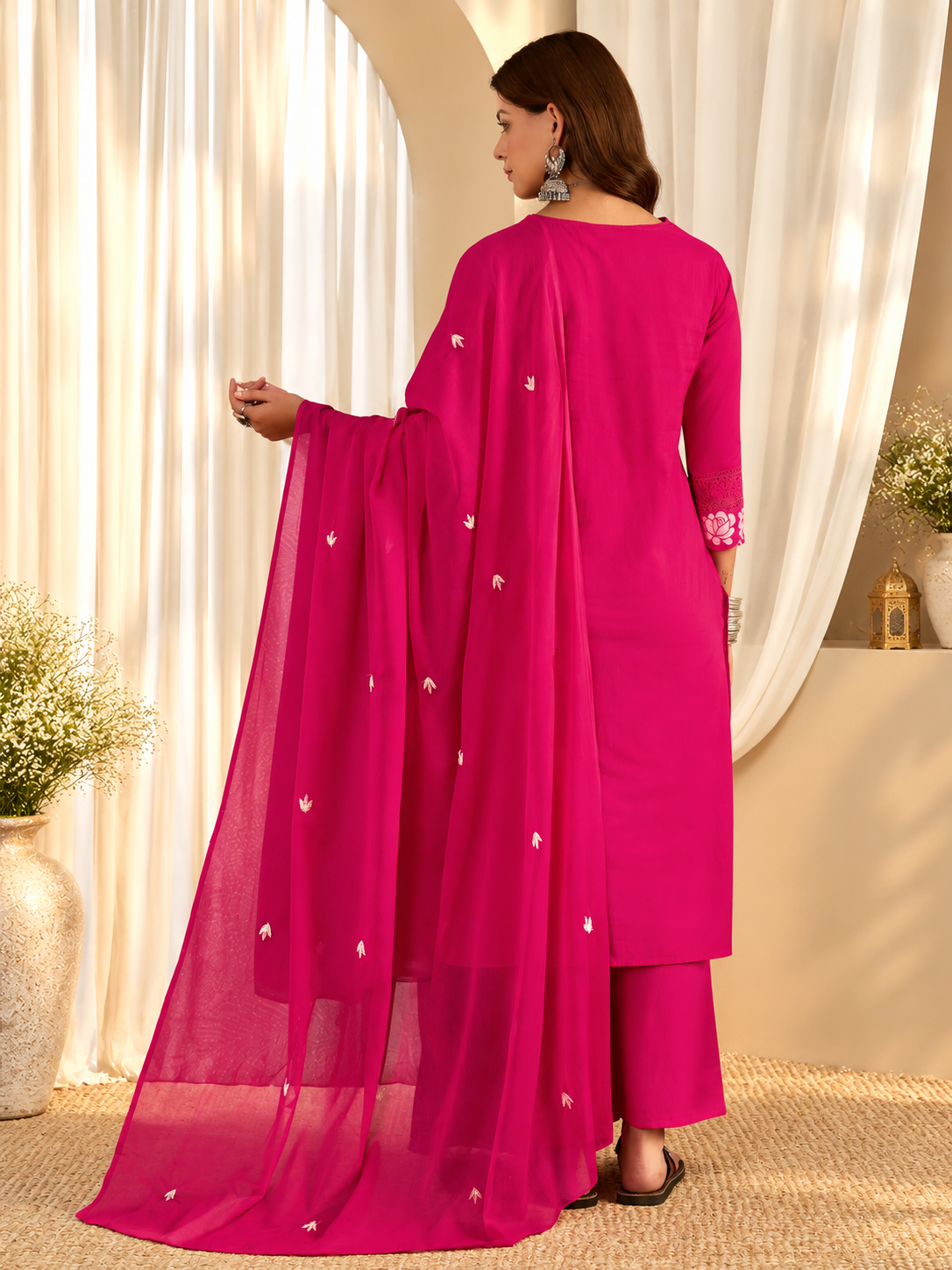 Women's Rani Pink Neck Embroidered Kurta with Trousers & Dupatta Set