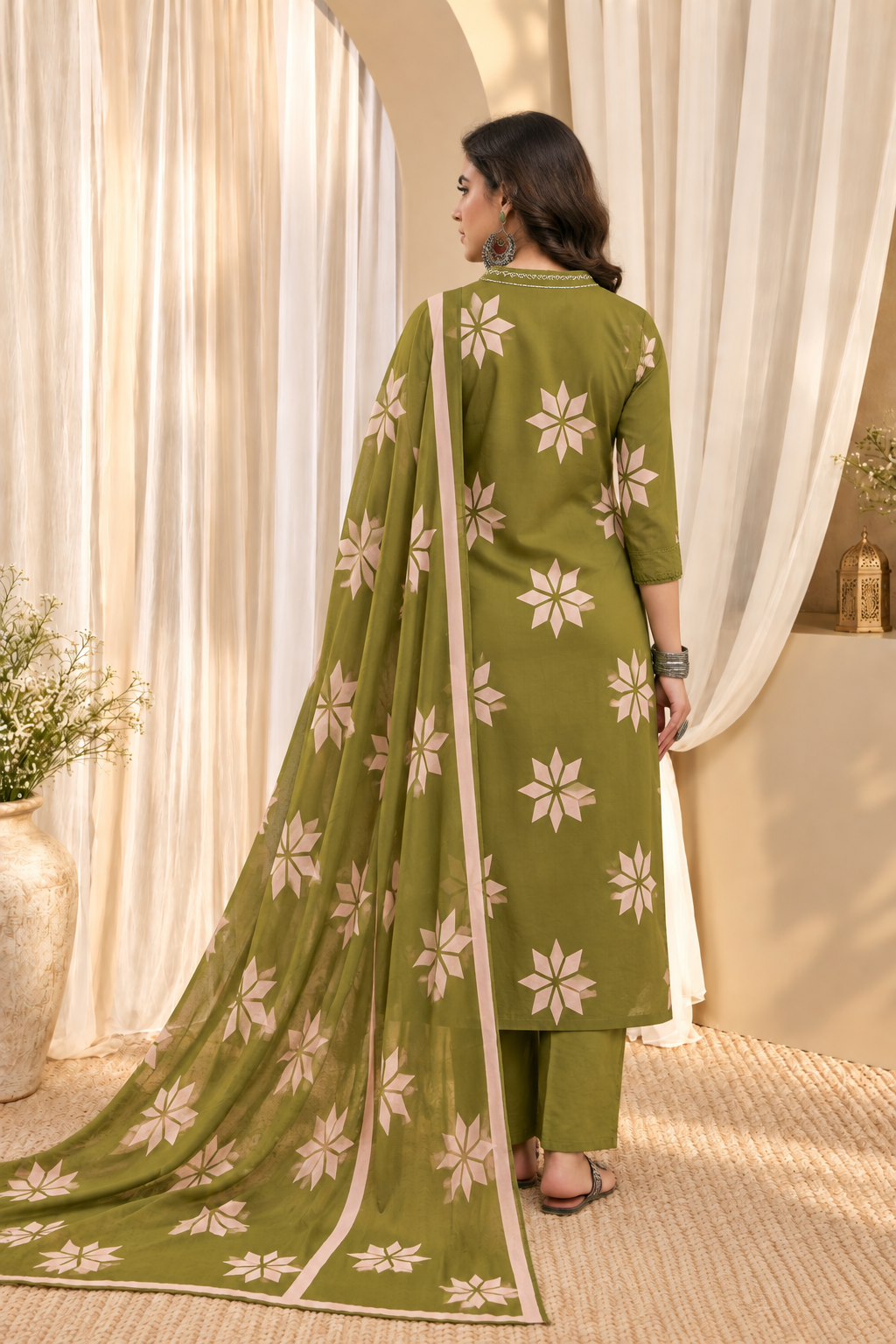 Women's Green Printed V-Neck Kurta With Trousers & Dupatta Set