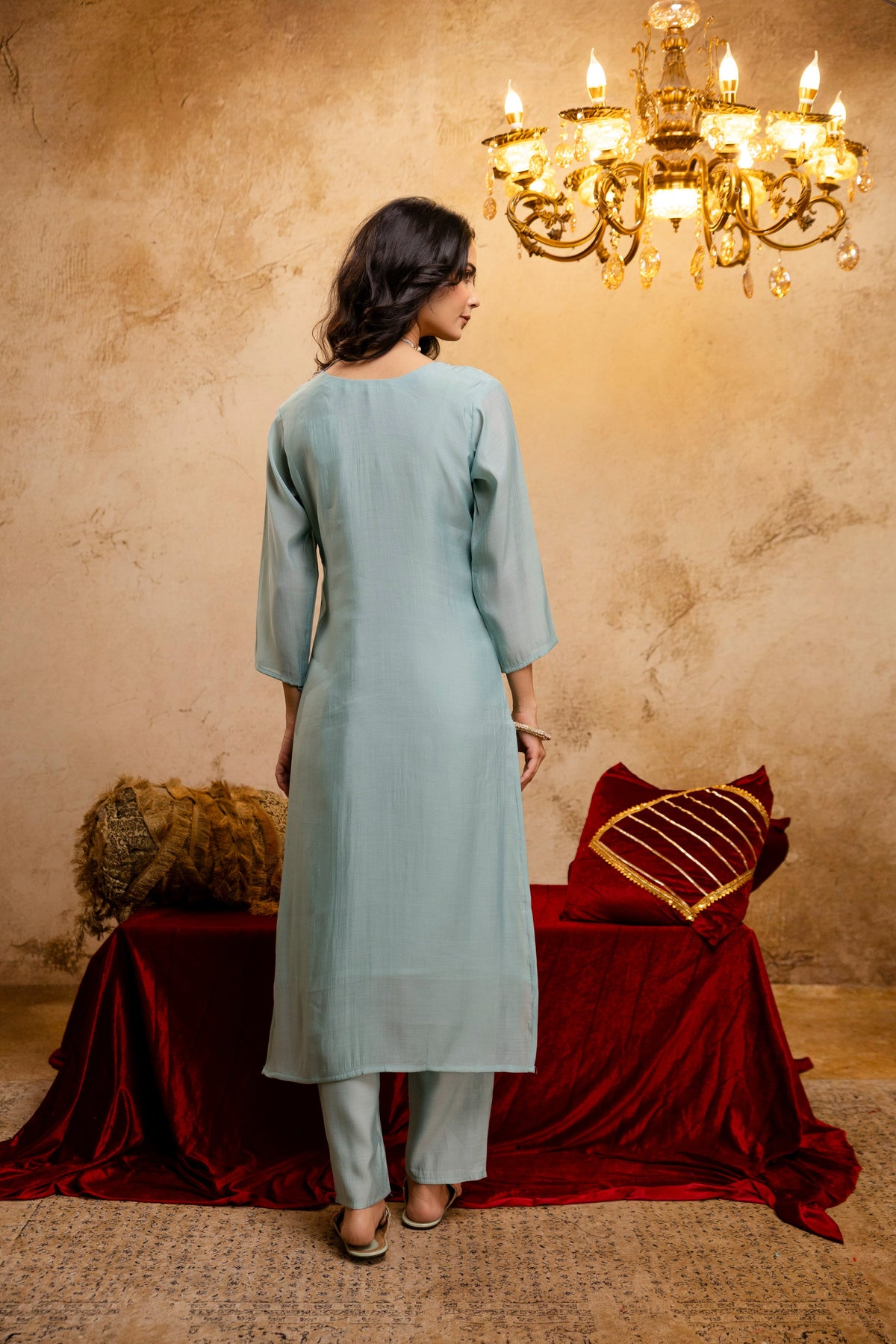 Women's Sea Green Embroidered Straight Kurta & Trousers With Dupatta Set
