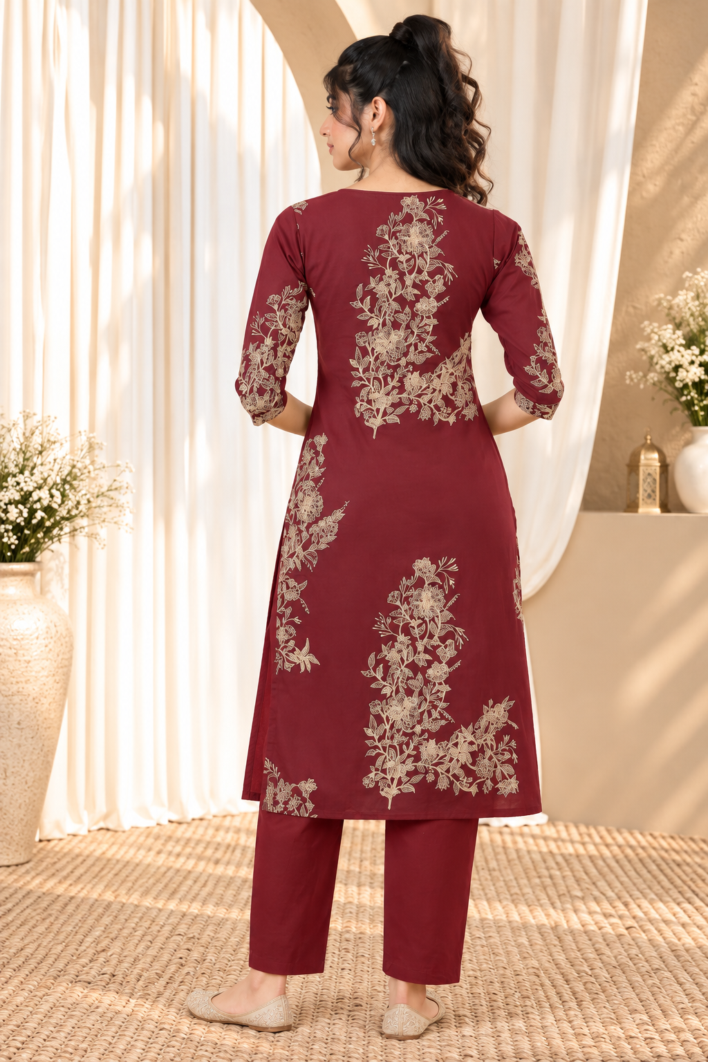 Women's Maroon & Gold Printed Straight Calf Length Kurta with Pant Set