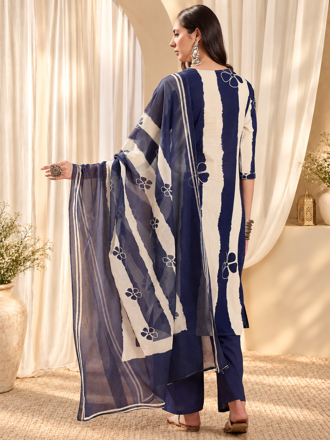 Women's Navy Blue & White Striped Pure Cotton Straight Kurta & Trousers With Printed Dupatta Set