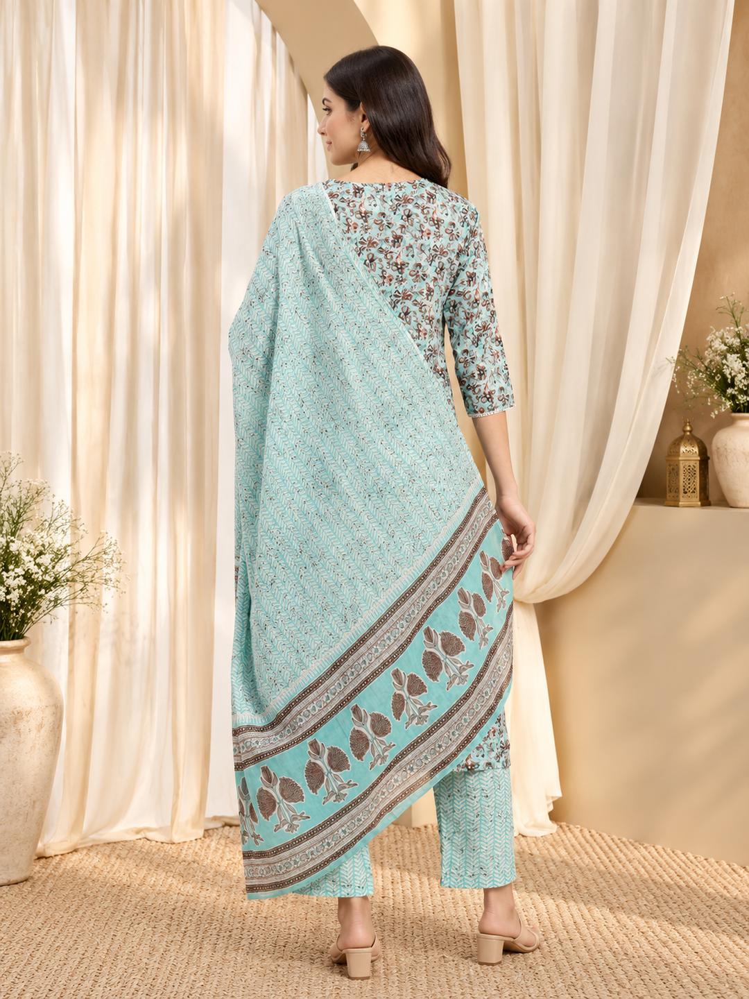 Sea Green &amp; Brown Floral Printed Pure-Cotton Straight Kurta With Trouser &amp; Dupatta