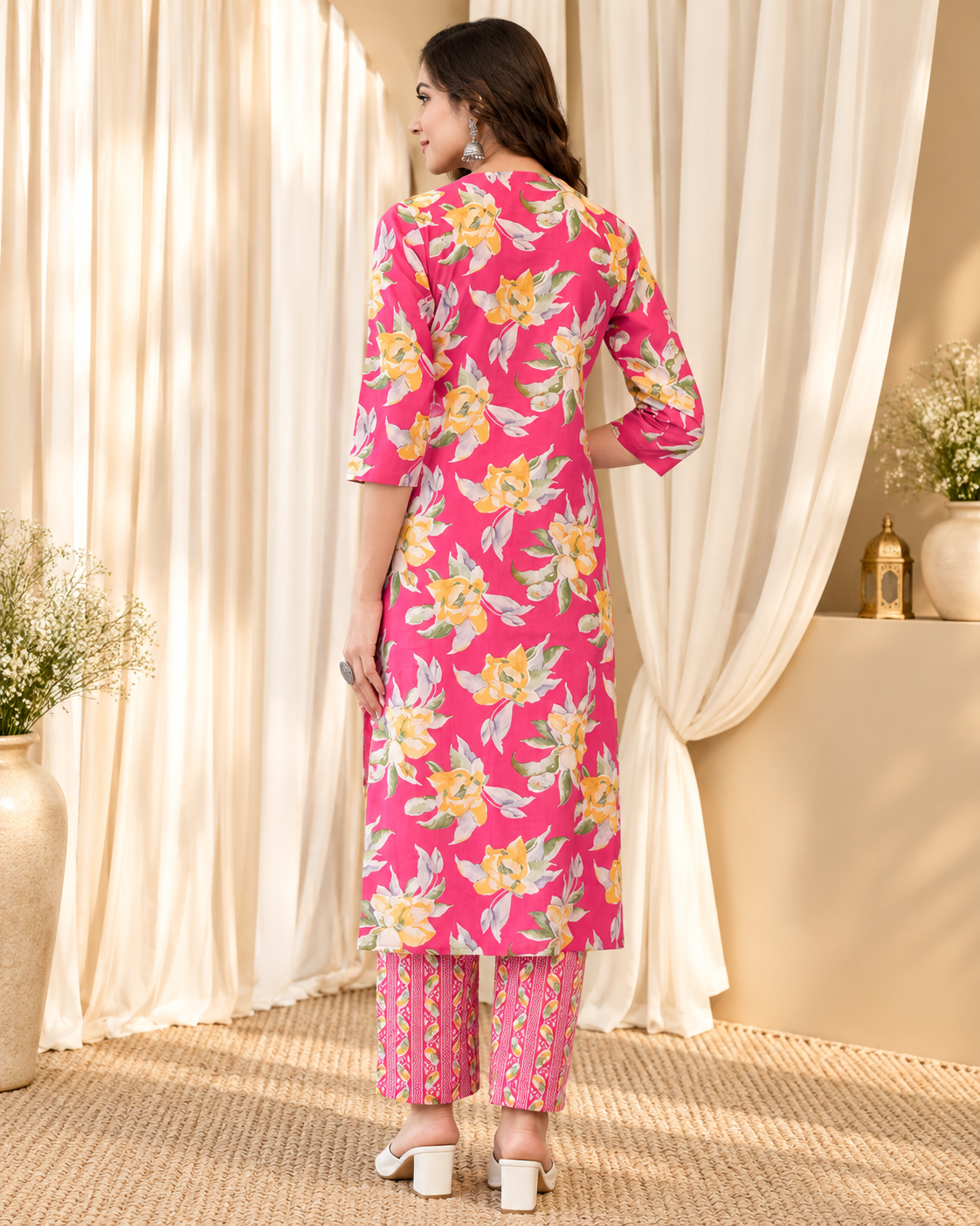 Women's Magenta Pure Cotton Round Neck Kurta & Pant With Dupatta Set