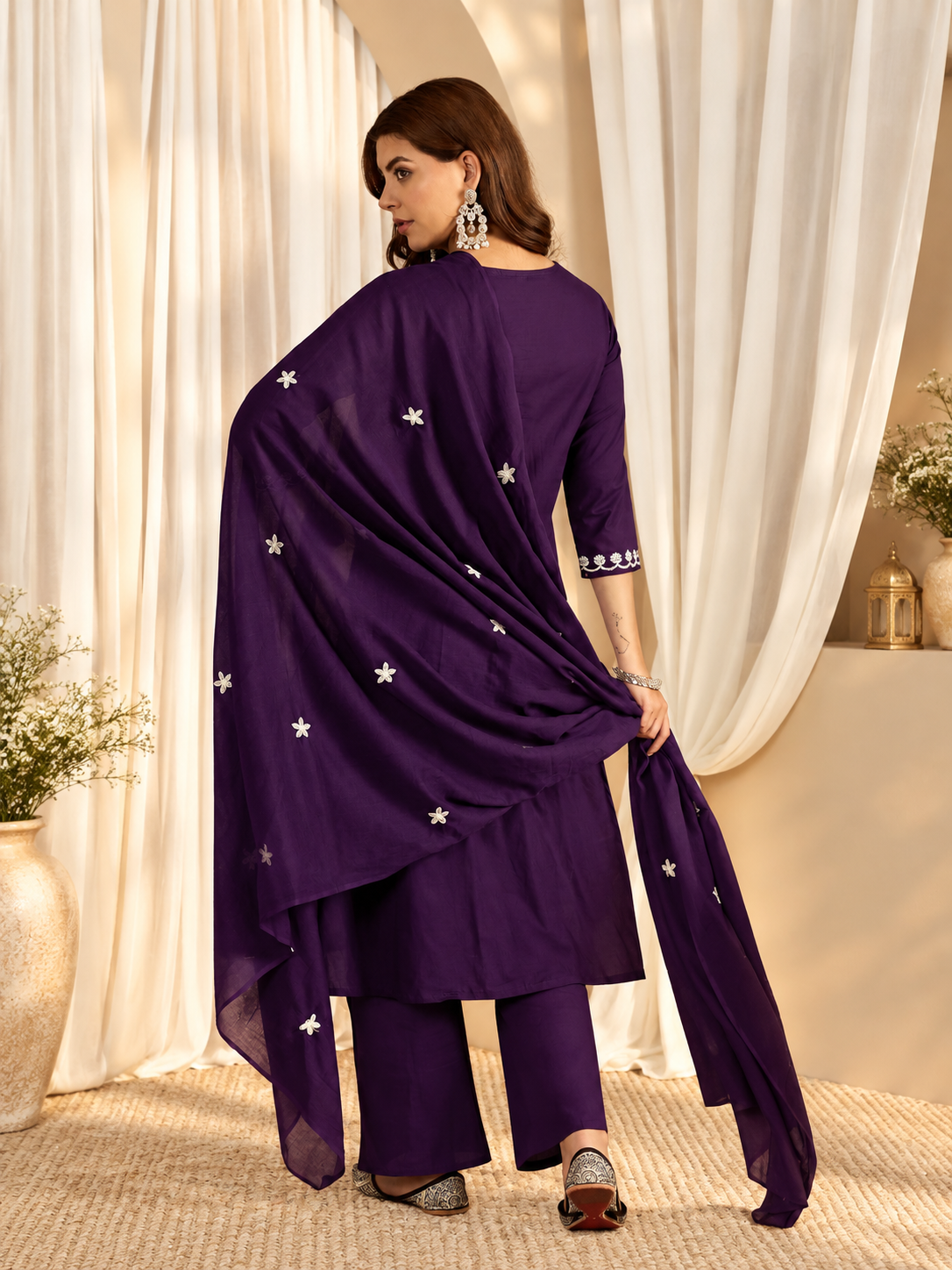 Women's Dark Purple Thread Work Kurta with Trousers & Dupatta Set