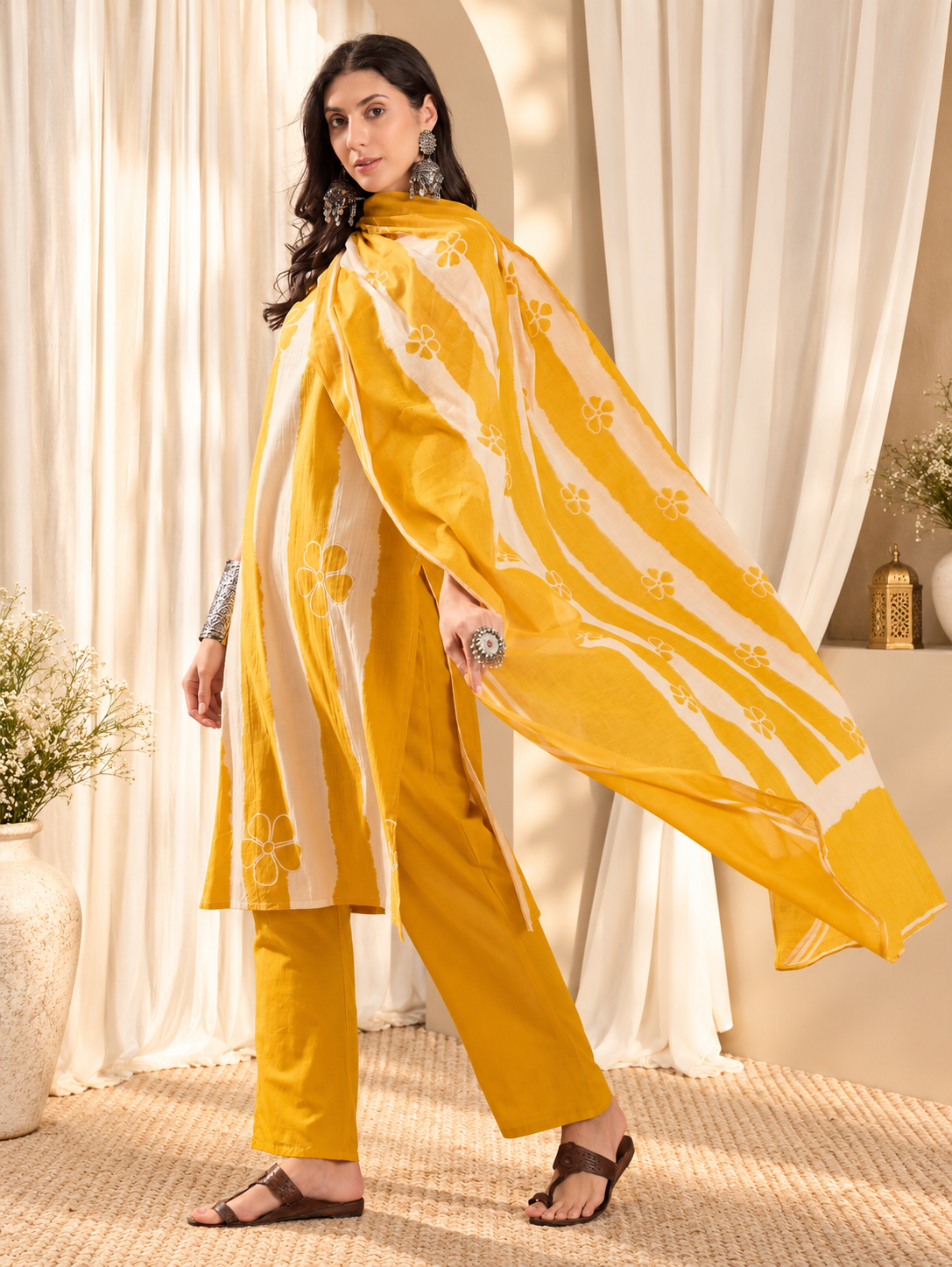 Women's Yellow & White Striped Pure Cotton Straight Kurta & Trousers With Printed Dupatta Set