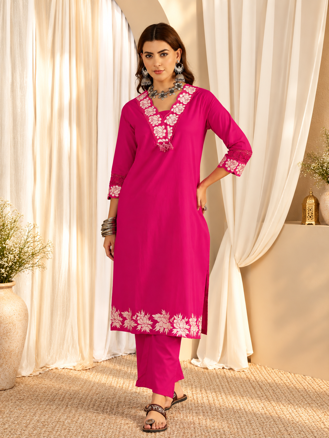 Women's Rani Pink Neck Embroidered Kurta with Trousers & Dupatta Set