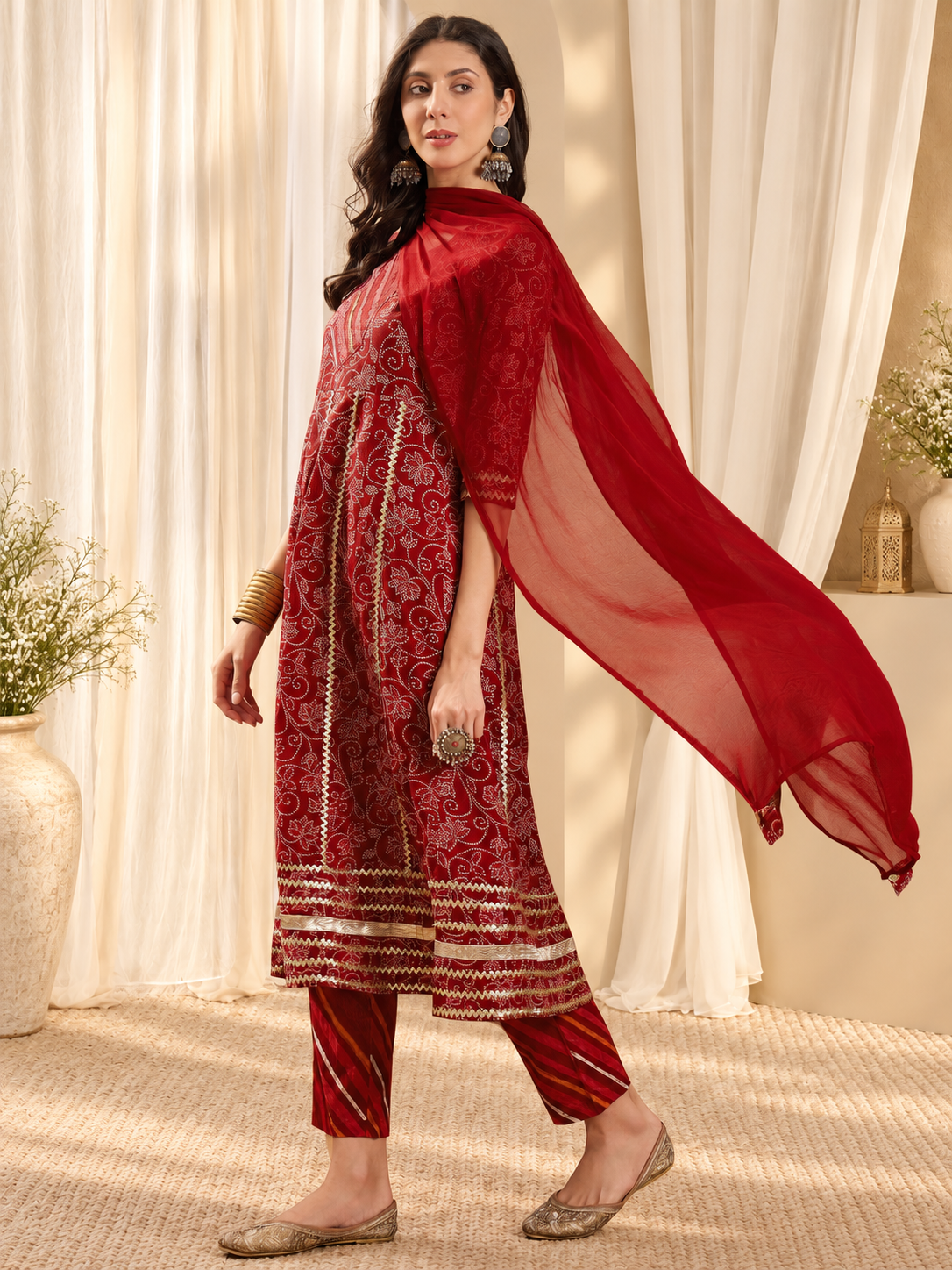 Women's Maroon Pure Cotton Round Neck Kurta & Pant With Dupatta Set