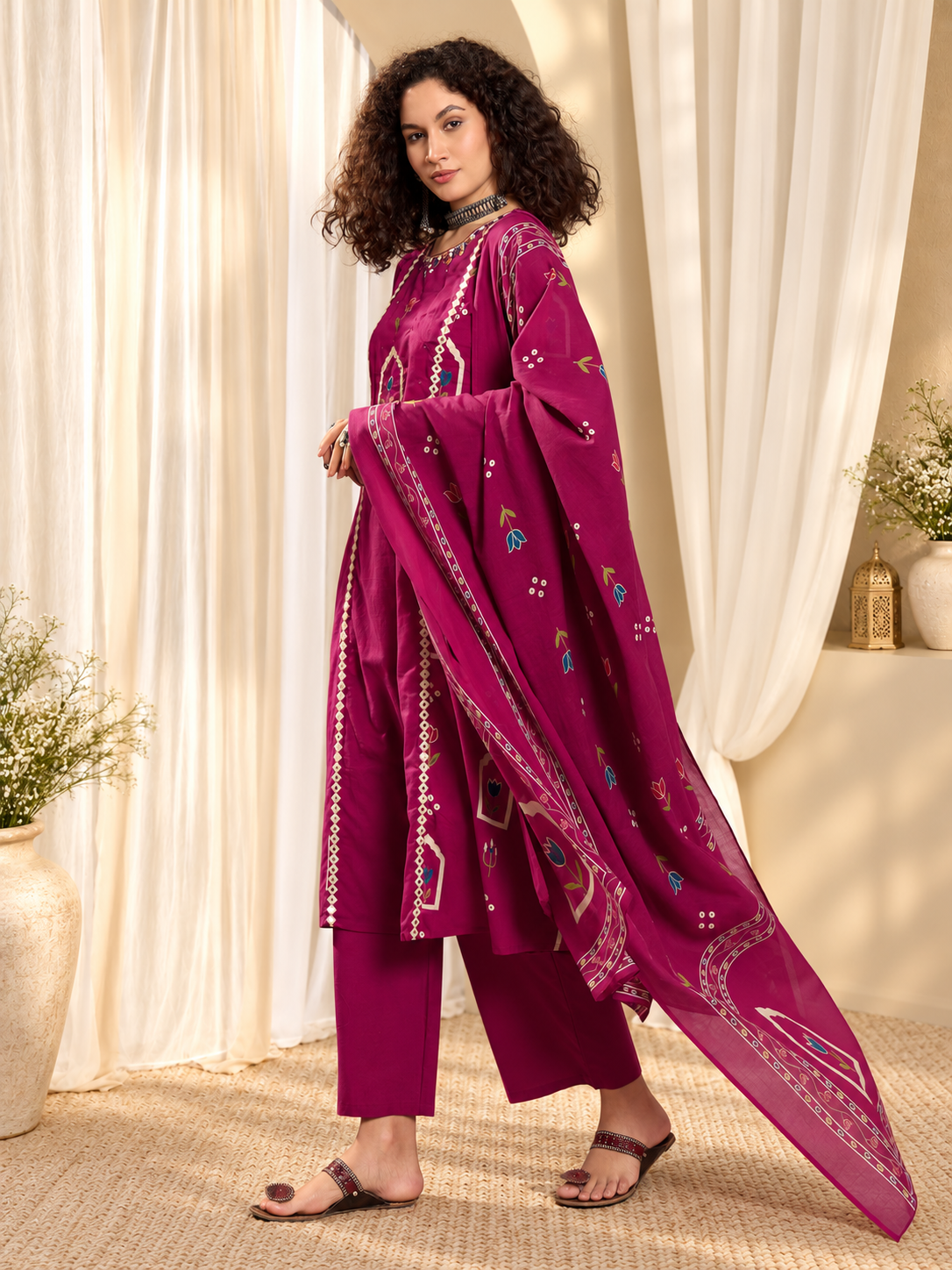 Women's Wine Printed Round Neck Kurta With Trousers & Dupatta Set