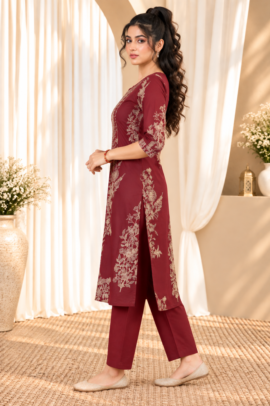 Women's Maroon & Gold Printed Straight Calf Length Kurta with Pant Set