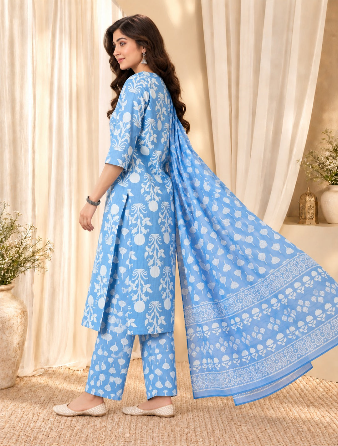 Printed &amp; Embroidered Pure Cotton Straight Kurta With Trouser &amp; Dupatta Set