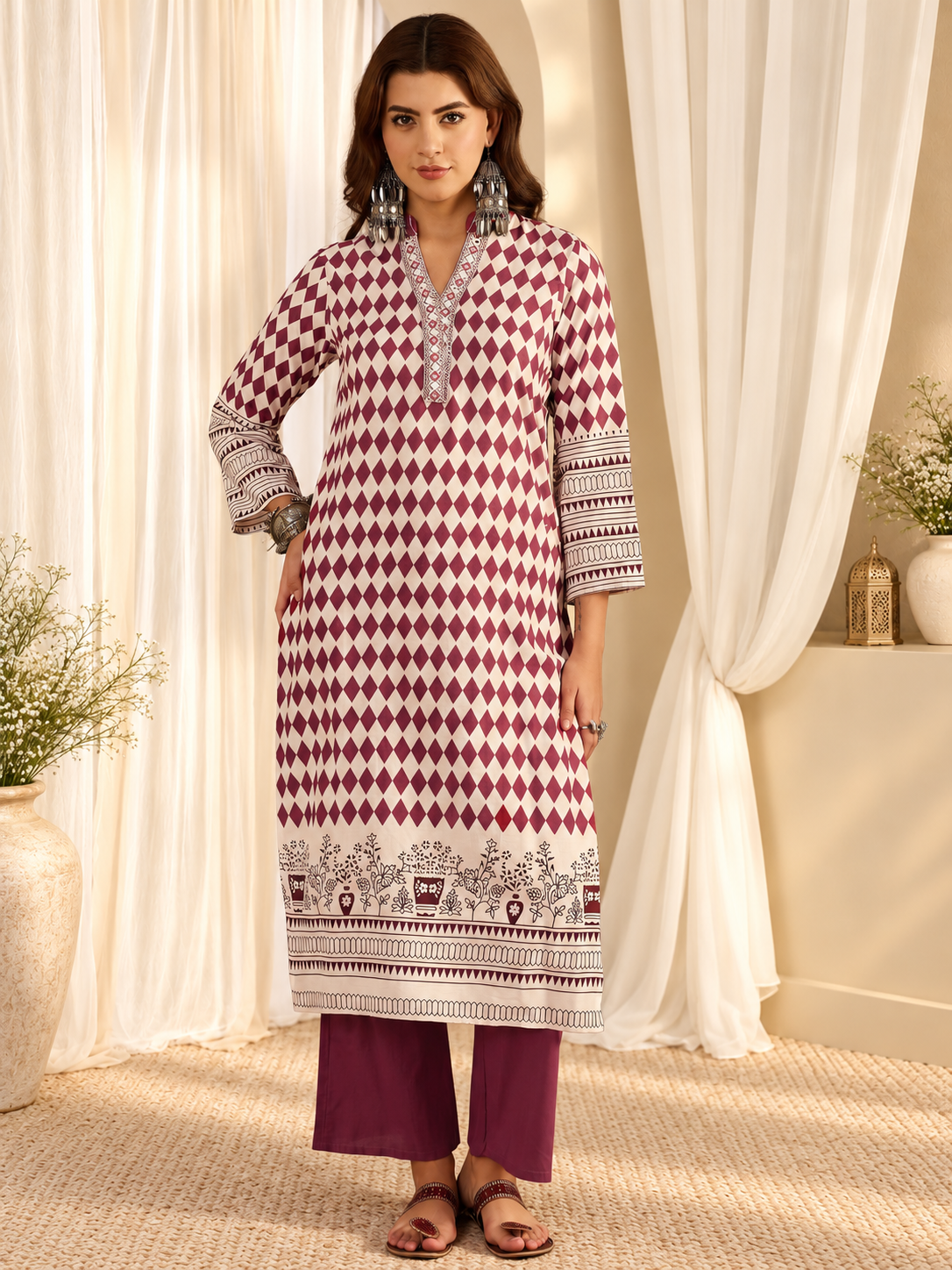 Women's White & Mauve Pink Geometric Kurta with Trousers & Dupatta Set