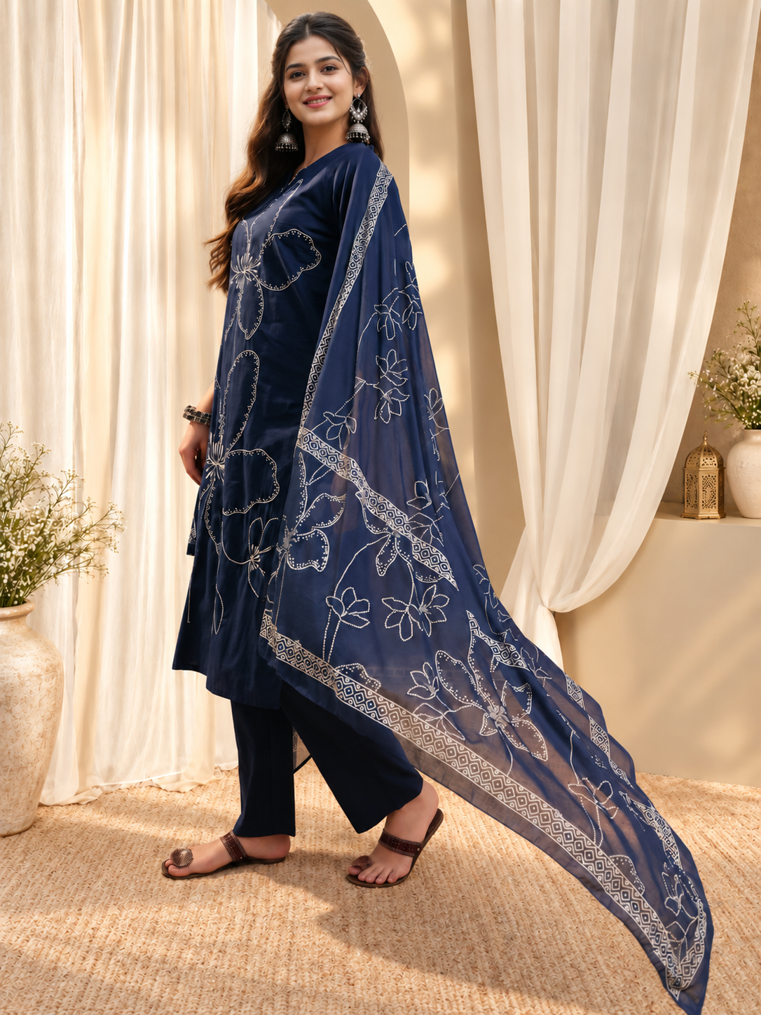 Women's Blue Cotton Floral Print Kurta & Trousers With Dupatta Set